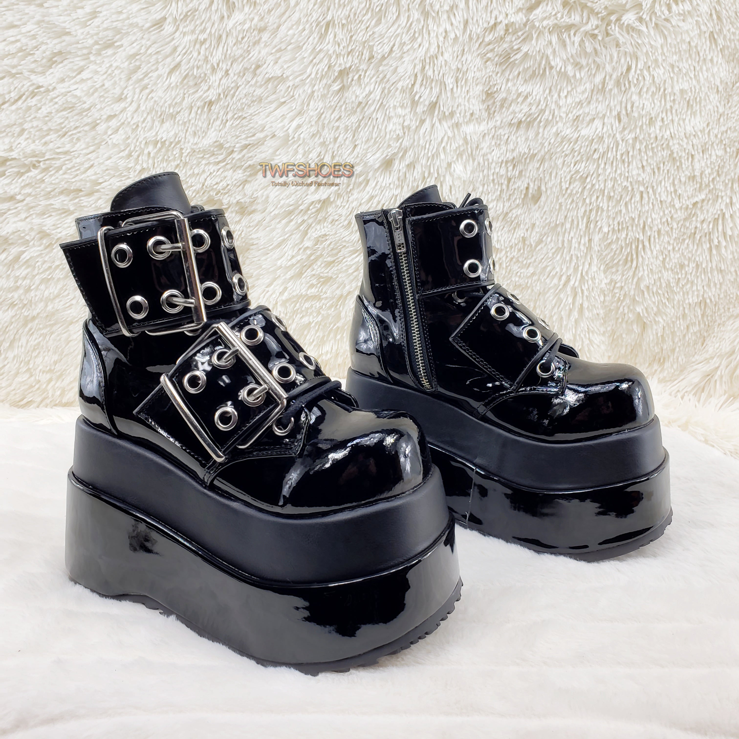 Bear 104 Black Patent 4.5" Goth Punk Rock Platform Lace Up Ankle Boot Restocked - Totally Wicked Footwear