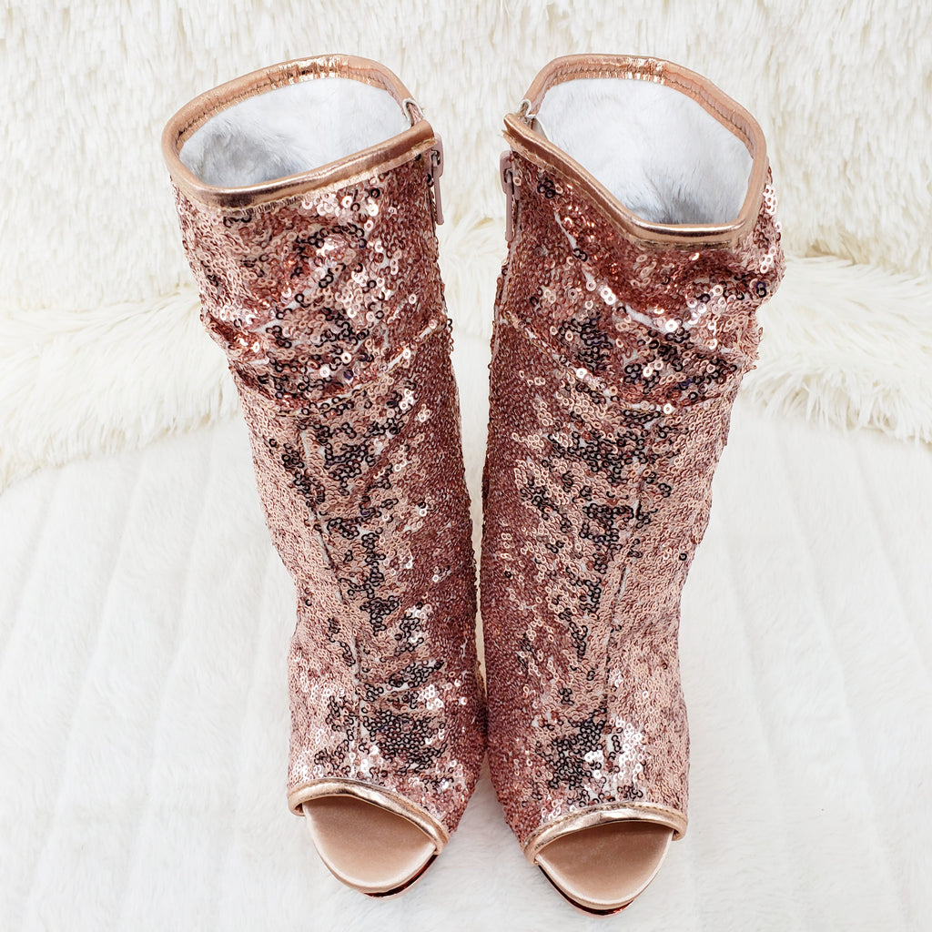 Blondie 1008SQ Rose Gold Sequin Slouchy Ankle Boot 6" High Heel Shoes Sizes 5-11 - Totally Wicked Footwear