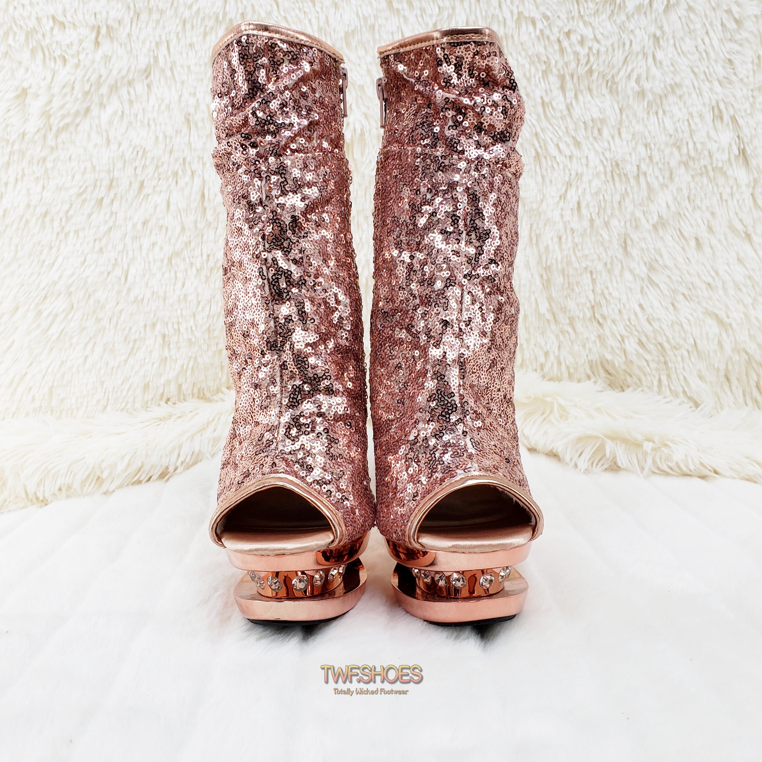 Blondie 1008SQ Rose Gold Sequin Slouchy Ankle Boot 6" High Heel Shoes Sizes 5-11 - Totally Wicked Footwear