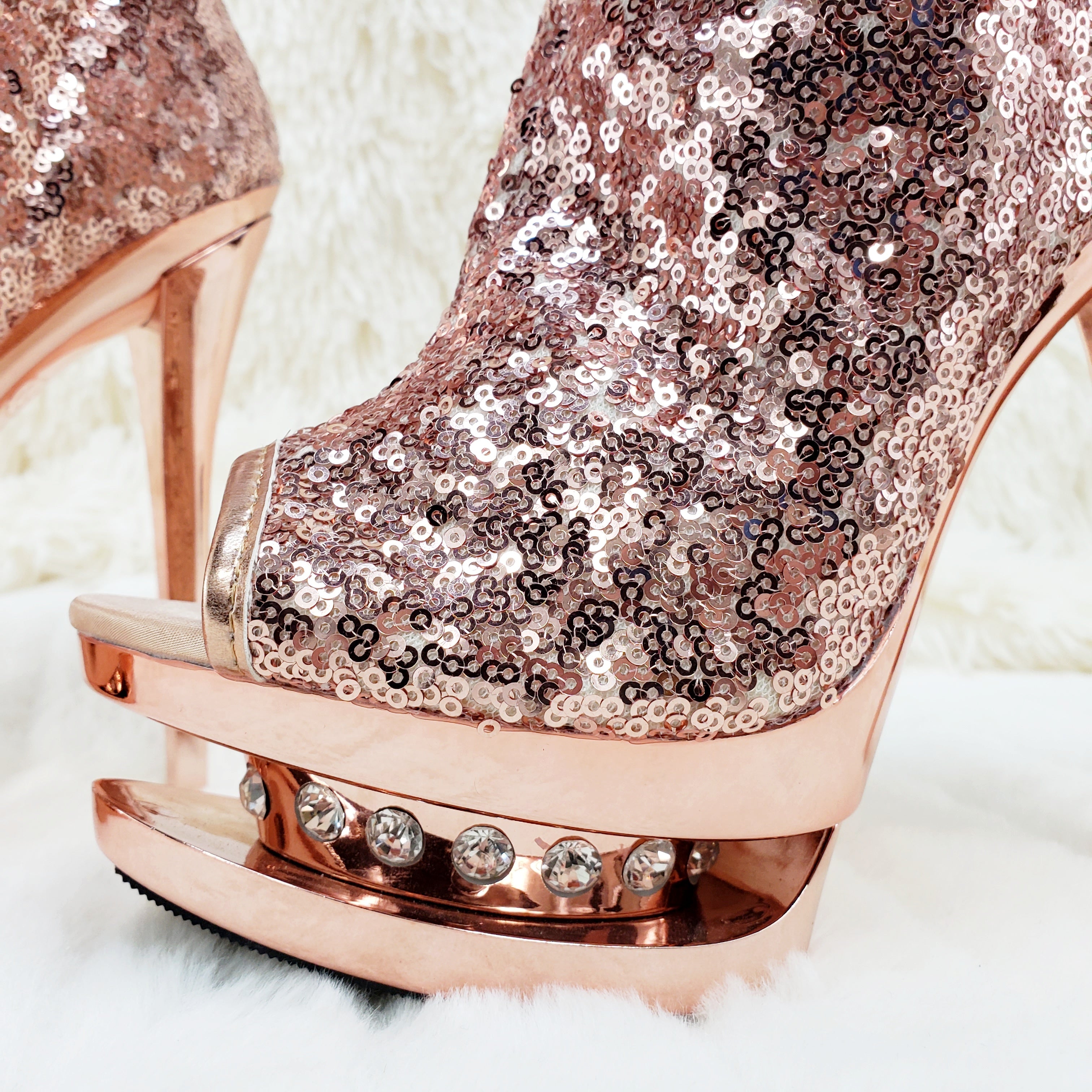 Blondie 1008SQ Rose Gold Sequin Slouchy Ankle Boot 6" High Heel Shoes Sizes 5-11 - Totally Wicked Footwear