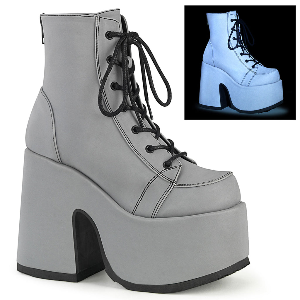 Camel 203 Gray Reflective 5" Block Heel Platform Ankle Boots- Demonia Direct - Totally Wicked Footwear