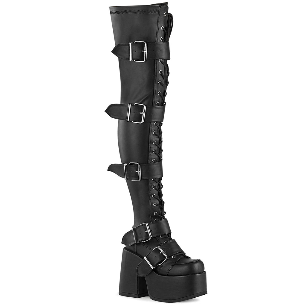Camel 305 Stretch Black Matte Lace Up Goth Platform Thigh High Boots 6-12  - Demonia Direct - Totally Wicked Footwear