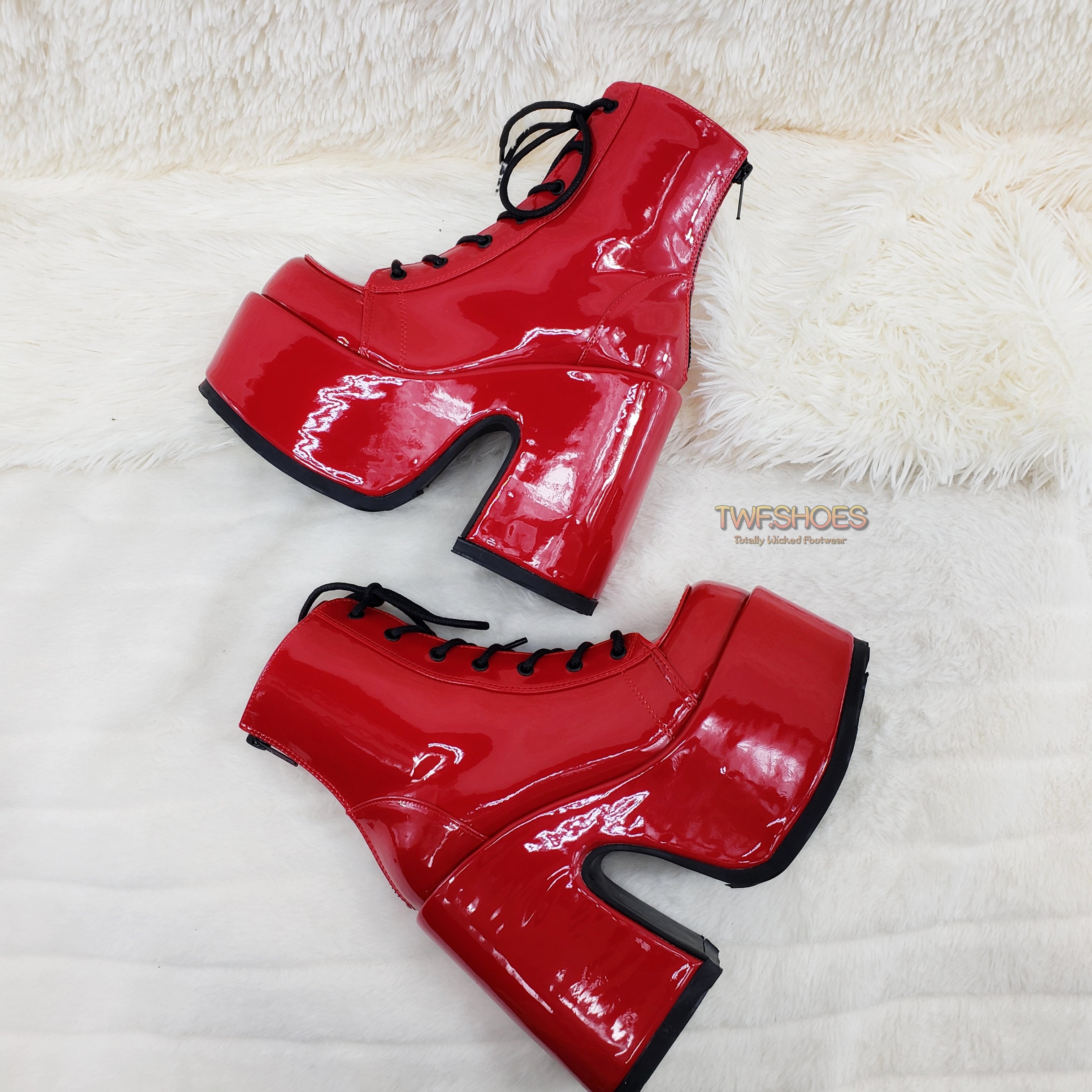 DEMONIA Camel-203 Boots - Red Patent