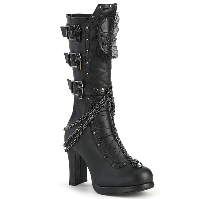 Crypto 67 Black Skull Goth Mid Calf Boots  - Demonia Direct - Totally Wicked Footwear