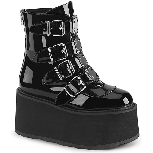 Damned 105 Multi Strap Goth Punk Rock 3.5" Flat Platform Boot Black Patent - Demonia Direct - Totally Wicked Footwear