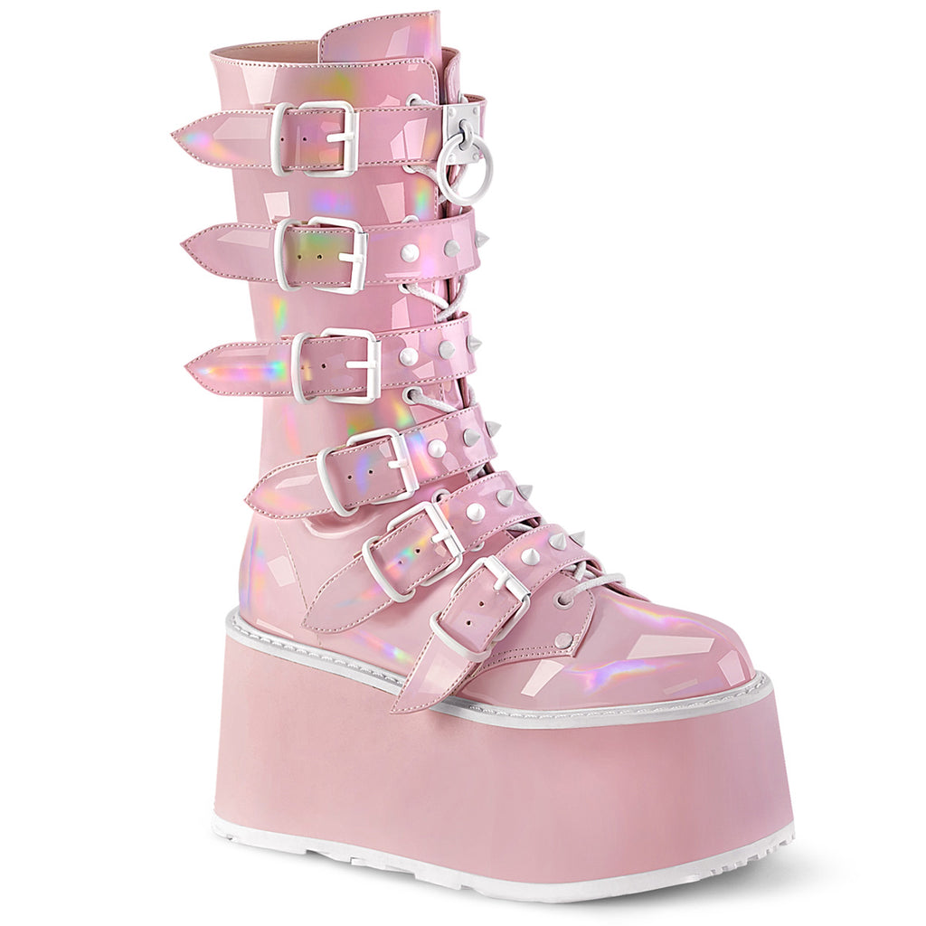 Damned 225 Multi Strap Goth Punk Rock 3.5" Flat Platform Boot Pink Hologram - Demonia Direct - Totally Wicked Footwear