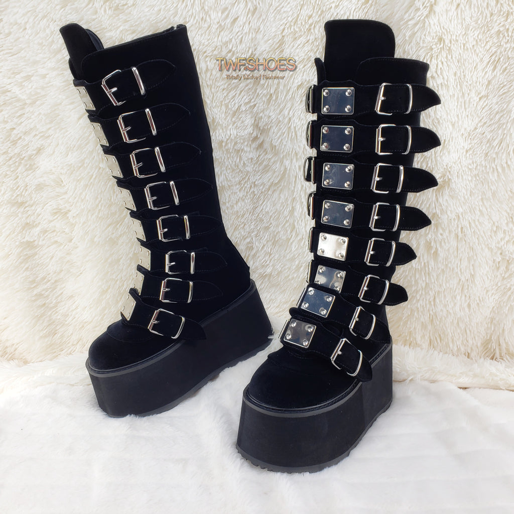 Demonia Damned-318 Womans 8 Buckle Strap Black Platform Plated Knee Boots  Goth