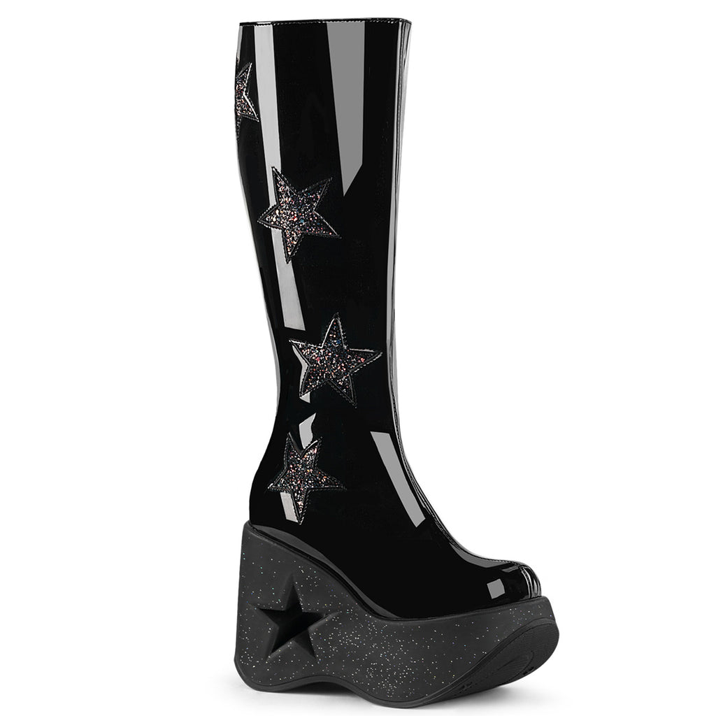 Dynamite 218 Black 5" Star Wedge Knee Boots - Demonia Direct - Totally Wicked Footwear