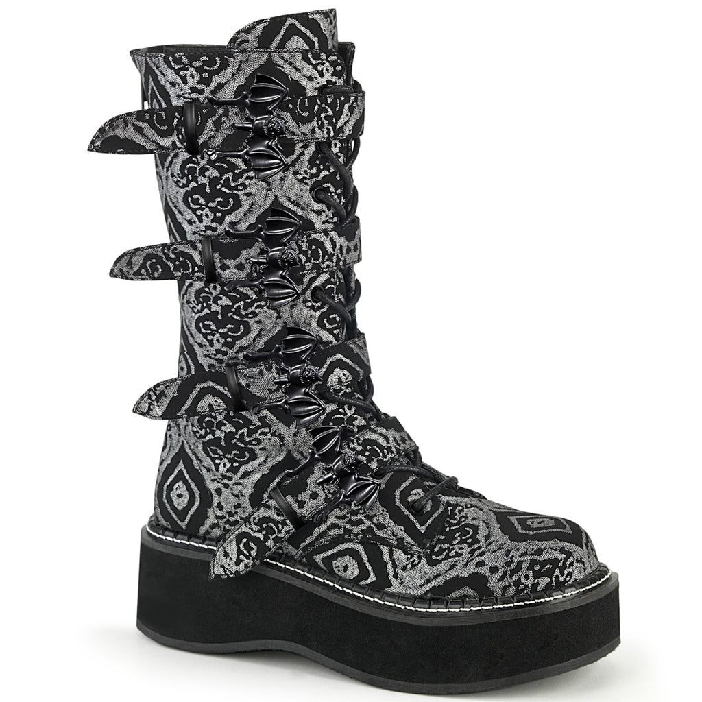 Emily 322 Goth Black Silver Nubuck Bat Buckle Combat Boots 6-12  - Demonia Direct - Totally Wicked Footwear