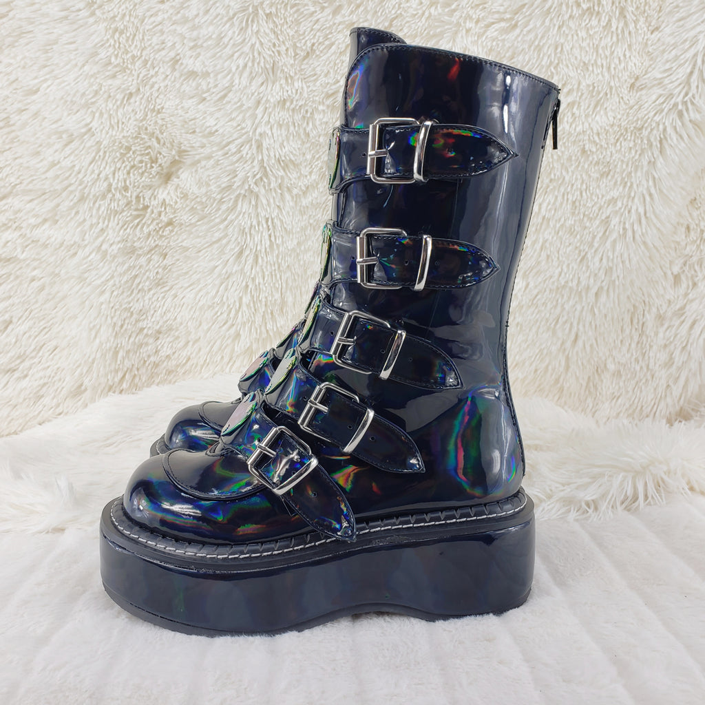Emily 330 Black Patent Holo 2" Platform Mid Calf Heart Combat Punk Boots 6-12 - Totally Wicked Footwear