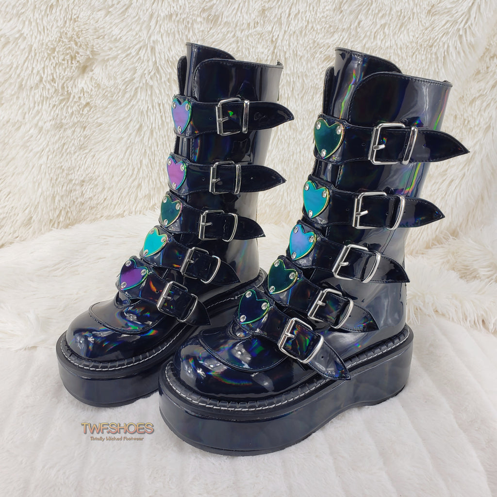 Emily 330 Black Patent Holo 2" Platform Mid Calf Heart Combat Punk Boots 6-12 - Totally Wicked Footwear