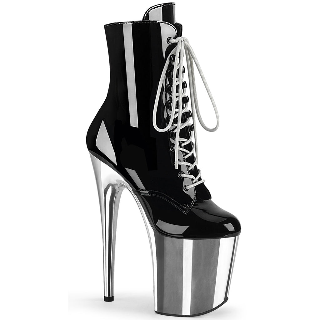Flamingo 1020 Black Patent Silver Chrome Platform 8" High Heel Ankle Boot - Totally Wicked Footwear