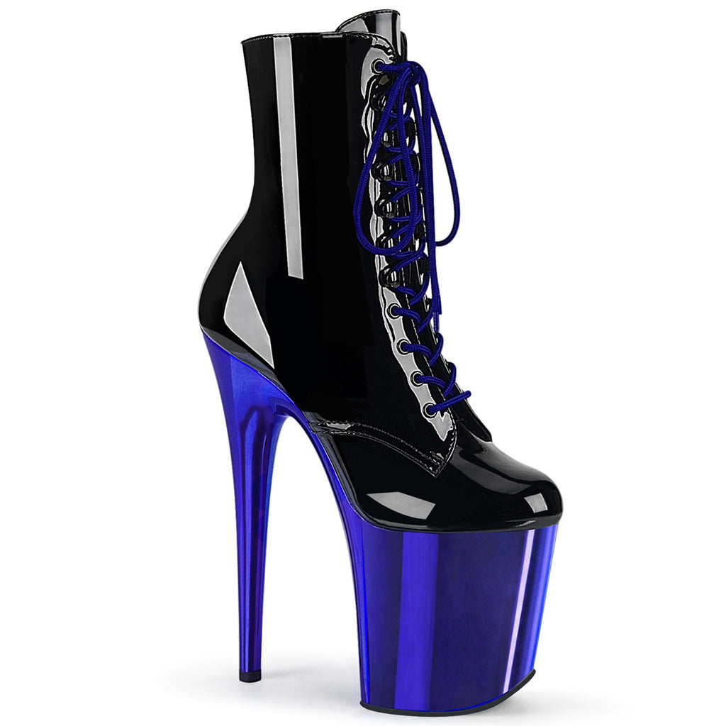 Flamingo 1020 Black Patent Blue Chrome Platform 8" High Heel Ankle Boots - Totally Wicked Footwear