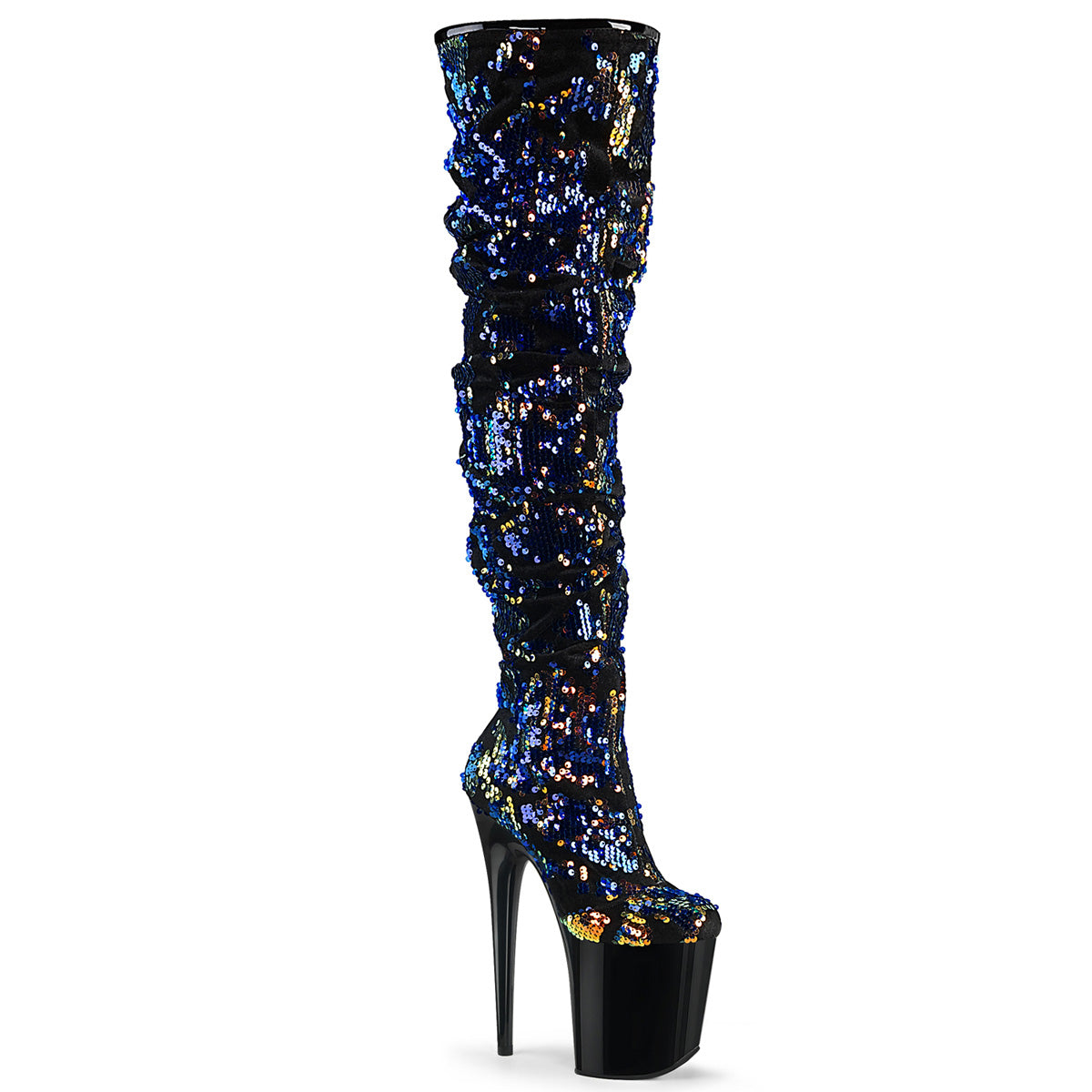 Flamingo 3004 Blue Mermaid Sequin Slouchy Thigh High Boots 8" Heels Sizes 5-11 - Totally Wicked Footwear