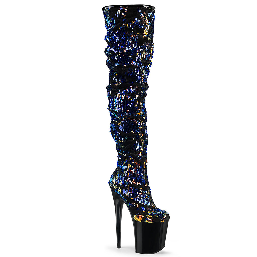 Flamingo 3004 Blue Mermaid Sequin Slouchy Thigh High Boots 8" Heels Sizes 5-11 - Totally Wicked Footwear