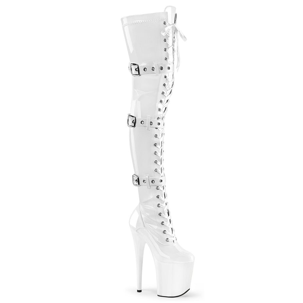 Flamingo 3028 White Patent 8" Heel Buckle Strap OTK Thigh Boot - Direct - Totally Wicked Footwear