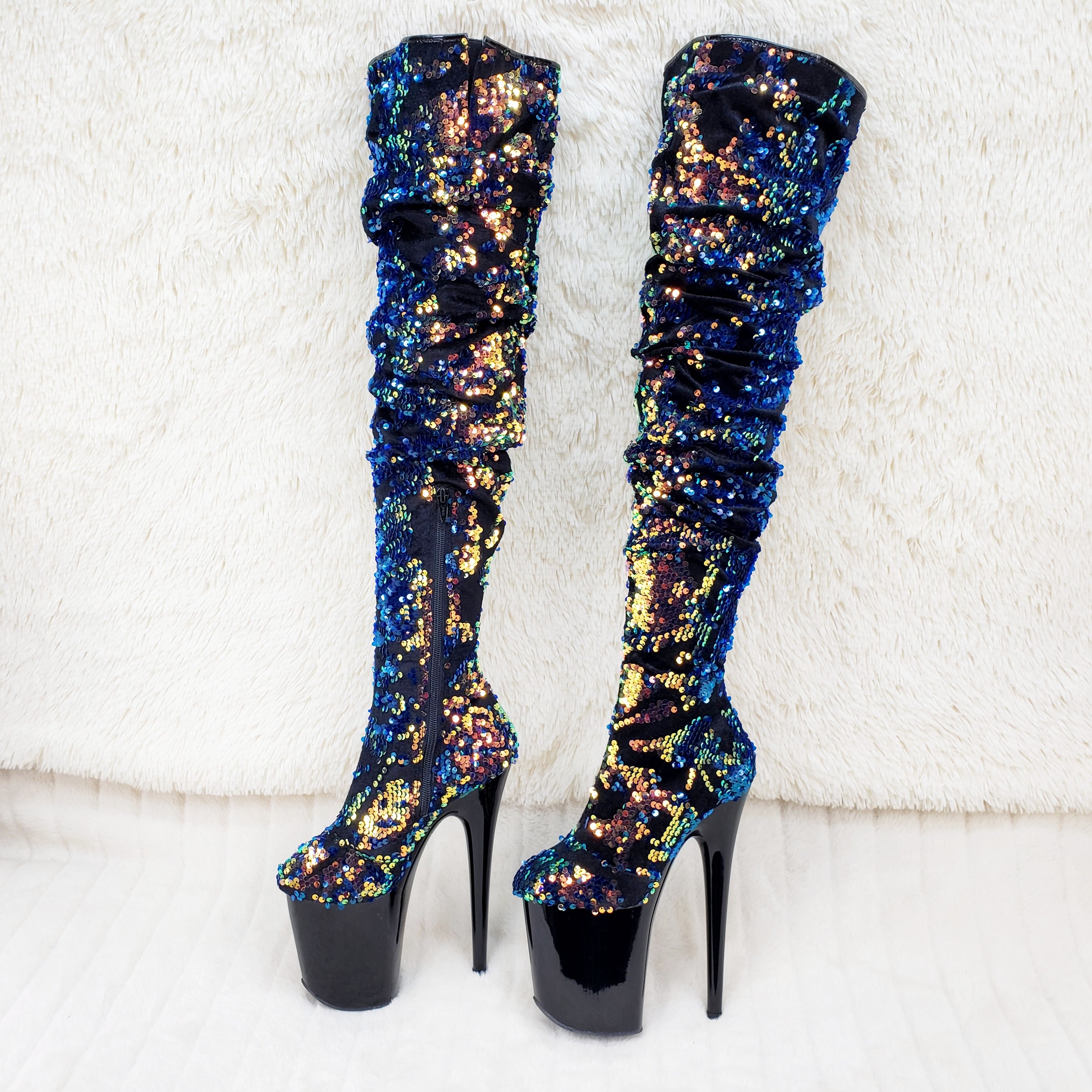 Flamingo 3004 Blue Mermaid Sequin Slouchy Thigh High Boots 8" Heels In House - Totally Wicked Footwear