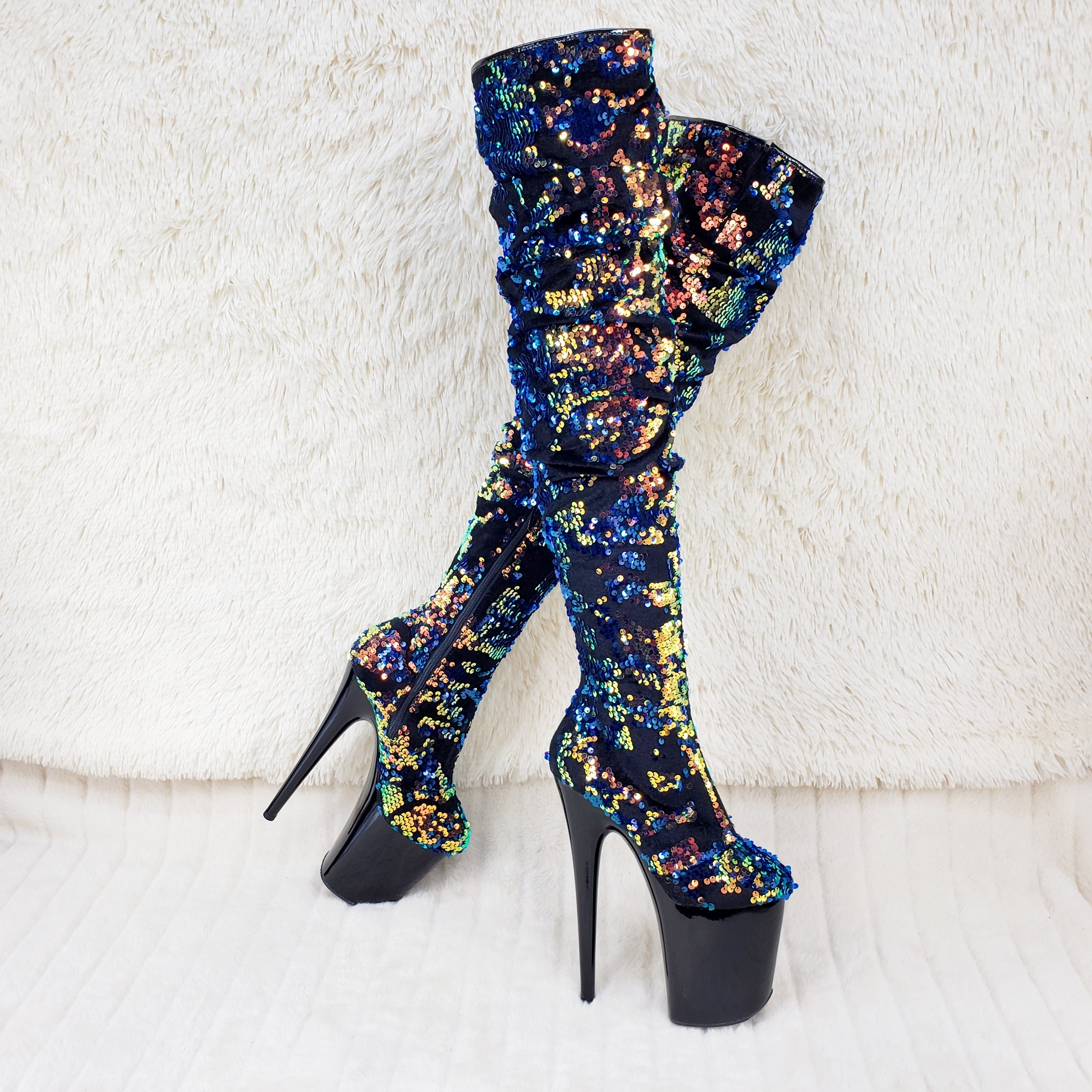 Flamingo 3004 Blue Mermaid Sequin Slouchy Thigh High Boots 8" Heels In House - Totally Wicked Footwear