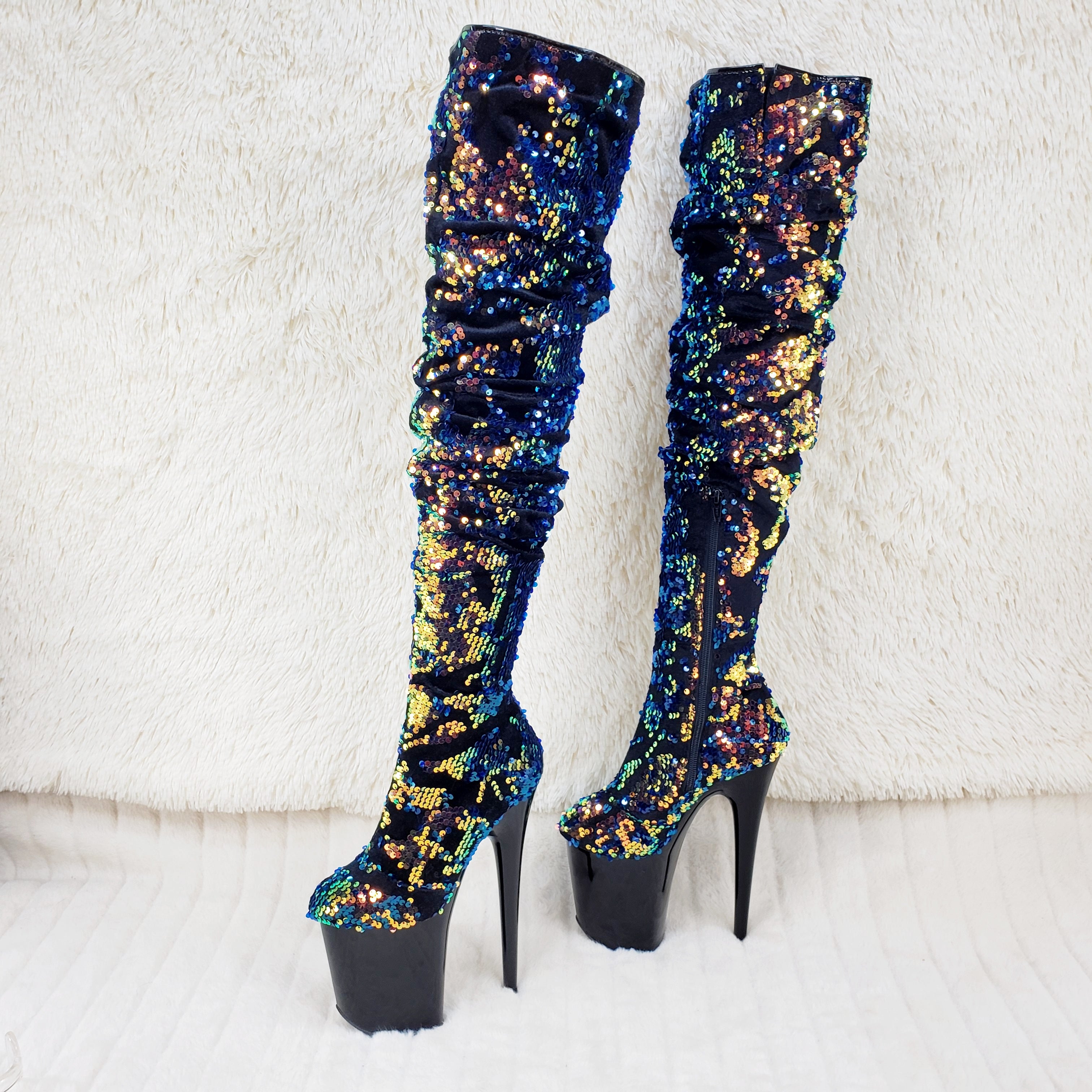 Flamingo 3004 Blue Mermaid Sequin Slouchy Thigh High Boots 8" Heels In House - Totally Wicked Footwear