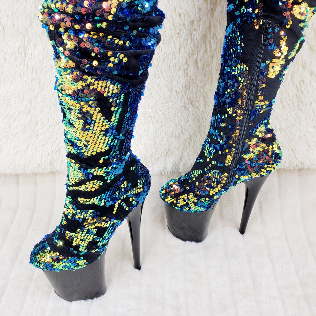 Flamingo 3004 Blue Mermaid Sequin Slouchy Thigh High Boots 8" Heels In House - Totally Wicked Footwear