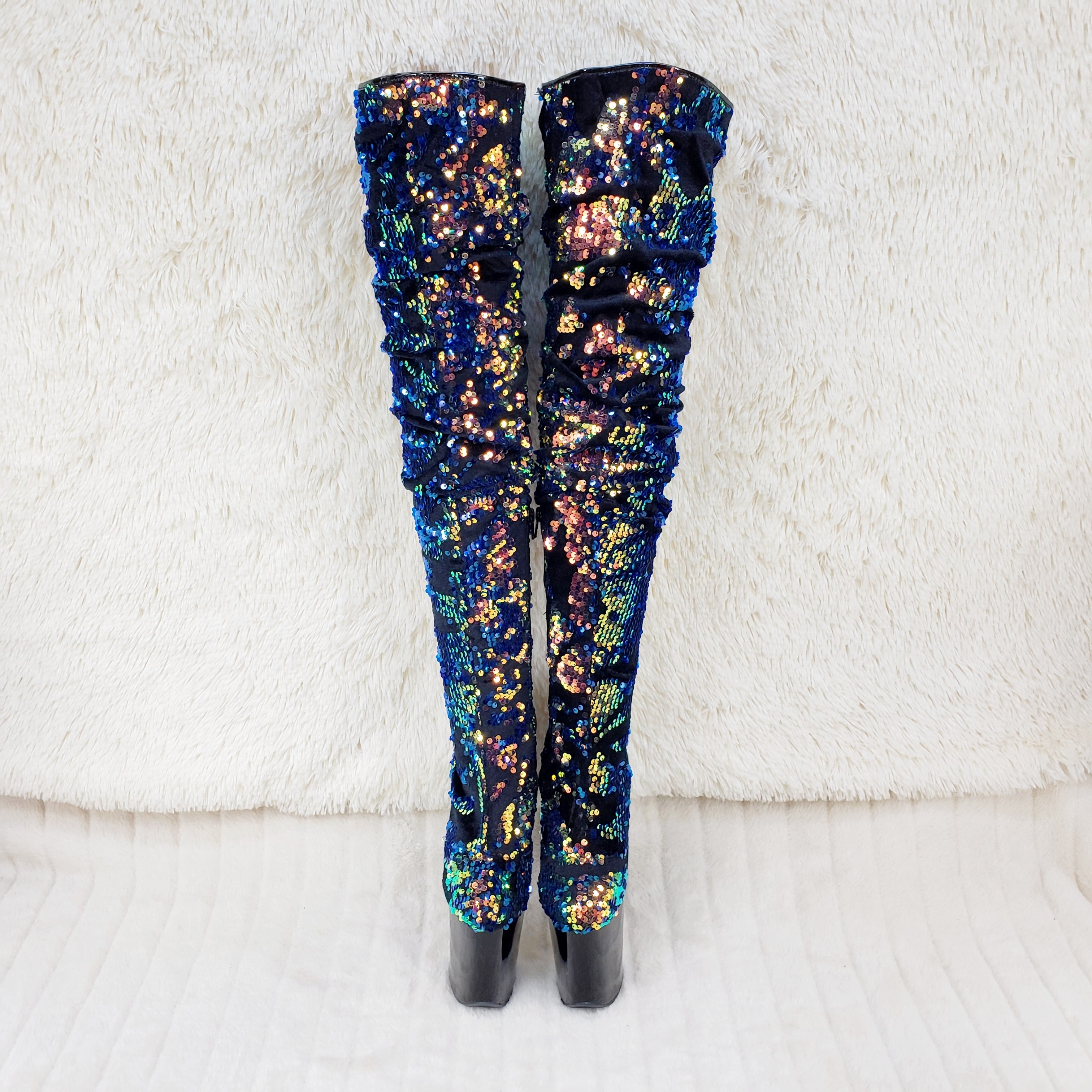 Flamingo 3004 Blue Mermaid Sequin Slouchy Thigh High Boots 8" Heels In House - Totally Wicked Footwear