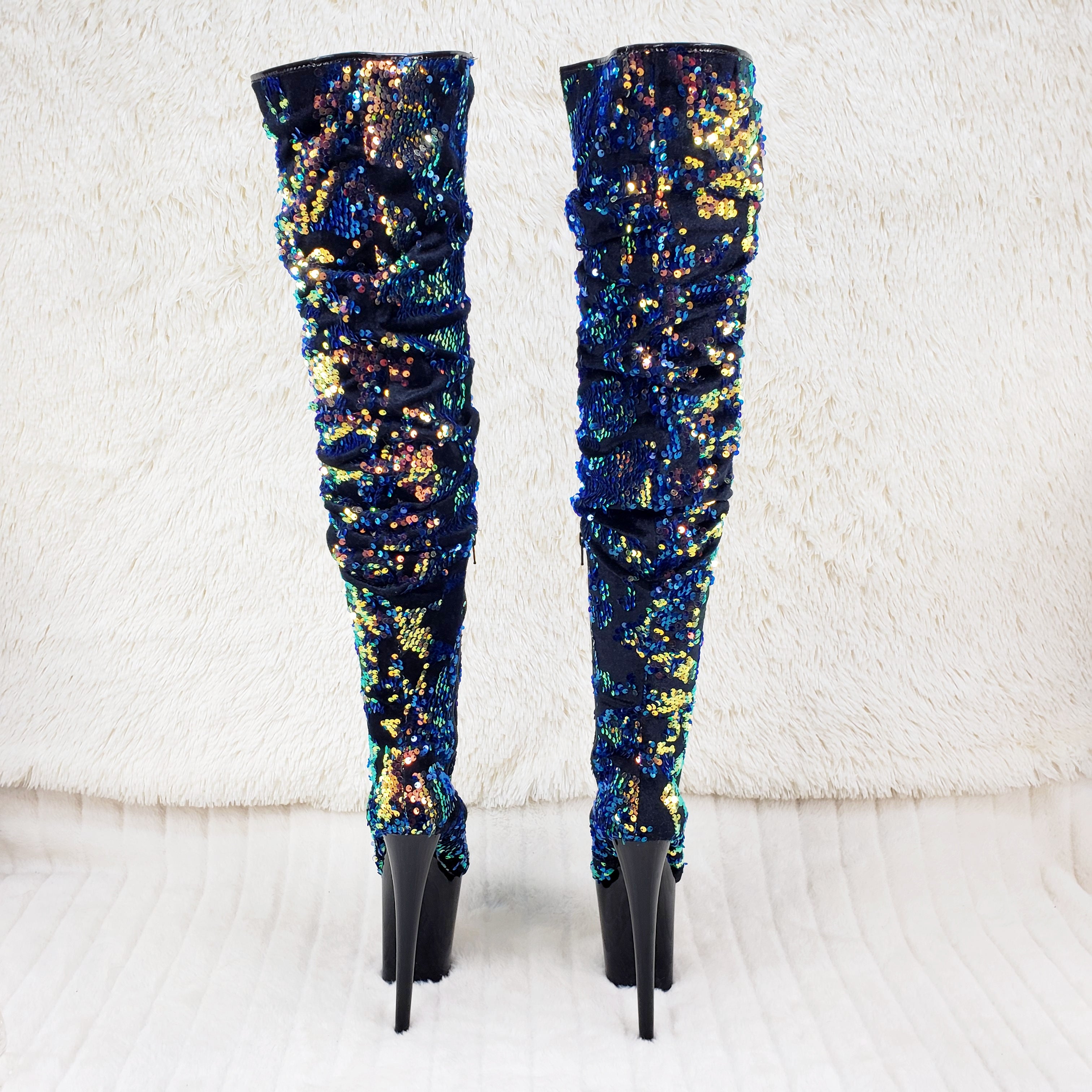Flamingo 3004 Blue Mermaid Sequin Slouchy Thigh High Boots 8" Heels In House - Totally Wicked Footwear