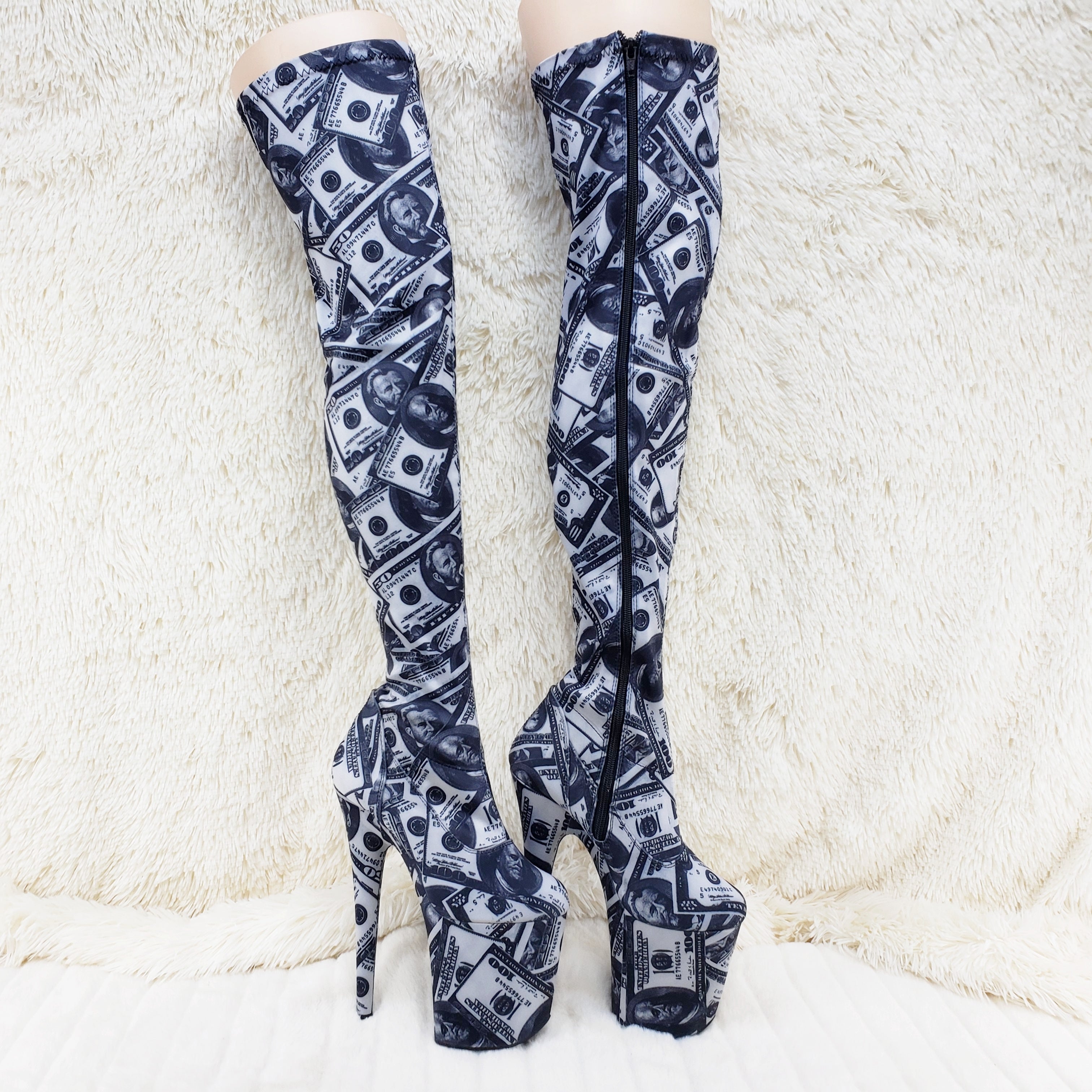 Flamingo 3000 Money Print Stretch Thigh High Platform 8" Heel Boots 7-12 NY - Totally Wicked Footwear