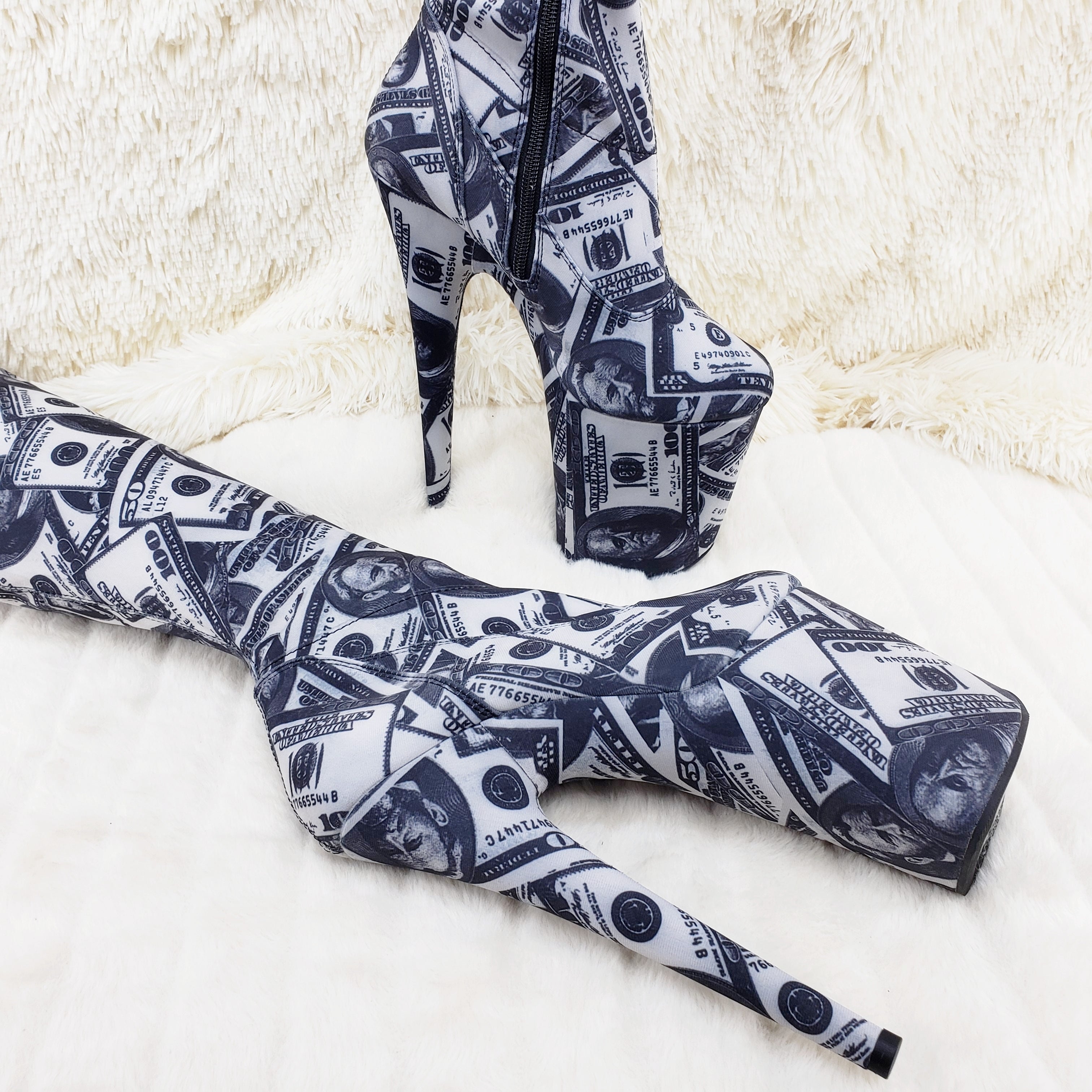 Flamingo 3000 Money Print Stretch Thigh High Platform 8" Heel Boots 7-12 NY - Totally Wicked Footwear