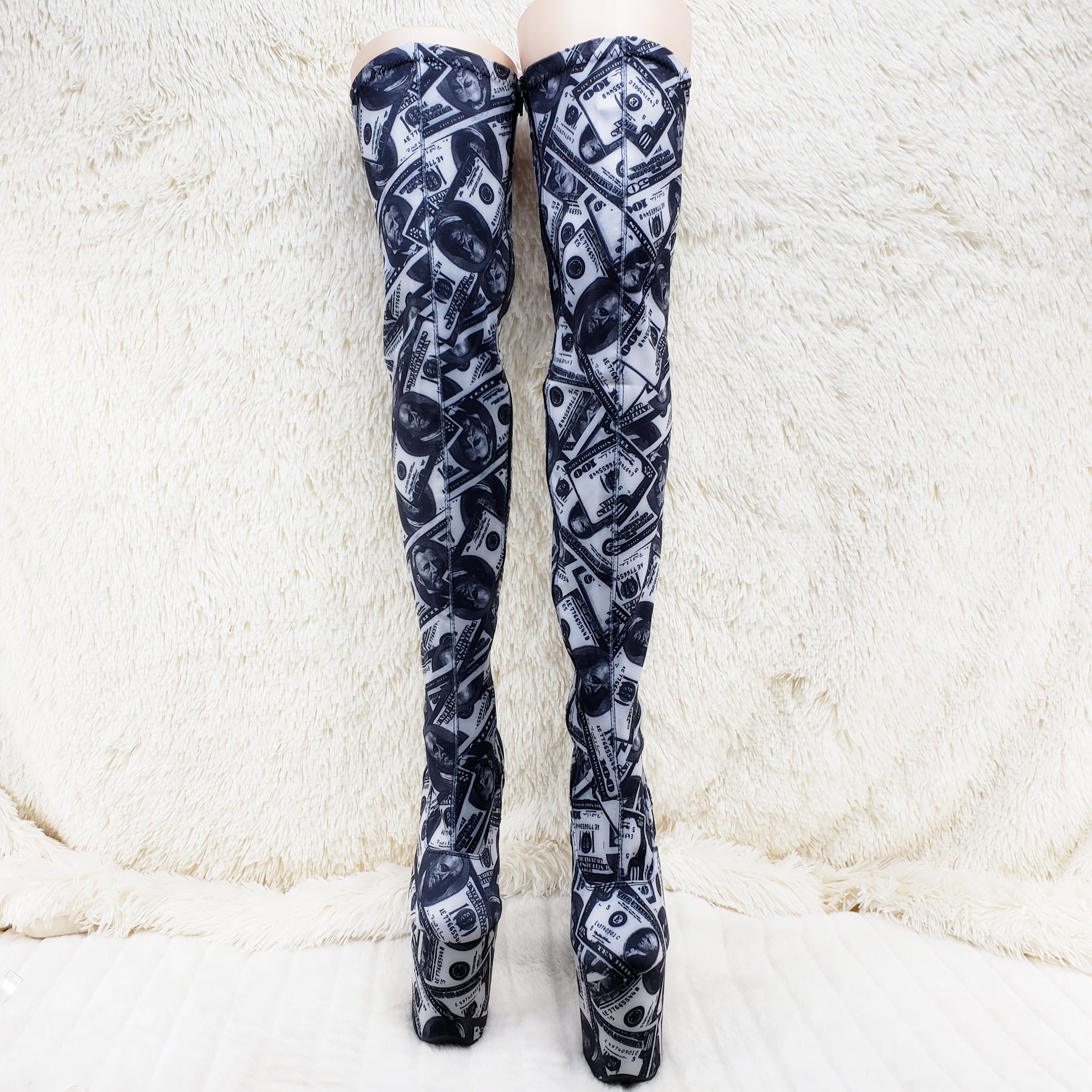 Flamingo 3000 Money Print Stretch Thigh High Platform 8" Heel Boots 7-12 NY - Totally Wicked Footwear