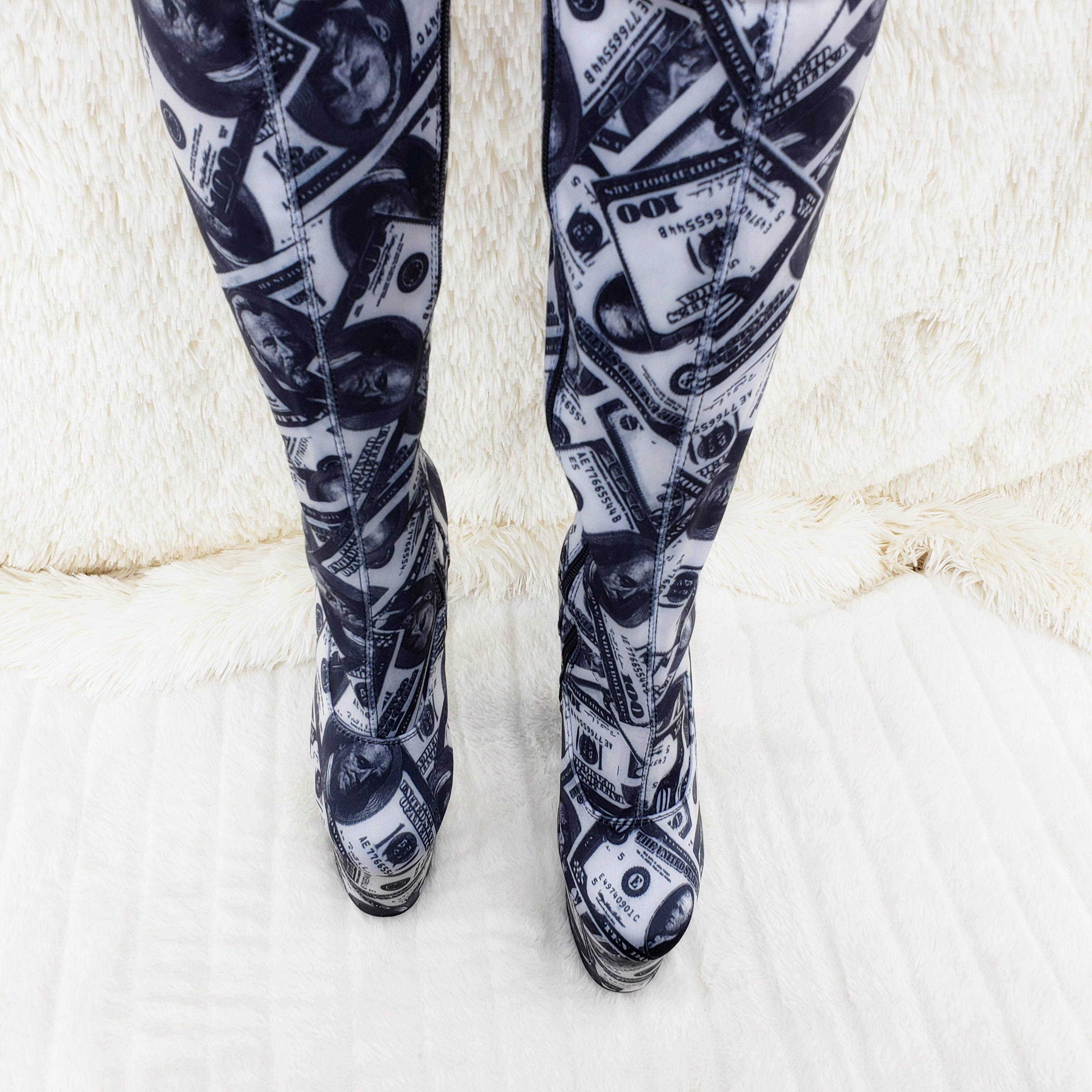 Flamingo 3000 Money Print Stretch Thigh High Platform 8" Heel Boots 7-12 NY - Totally Wicked Footwear