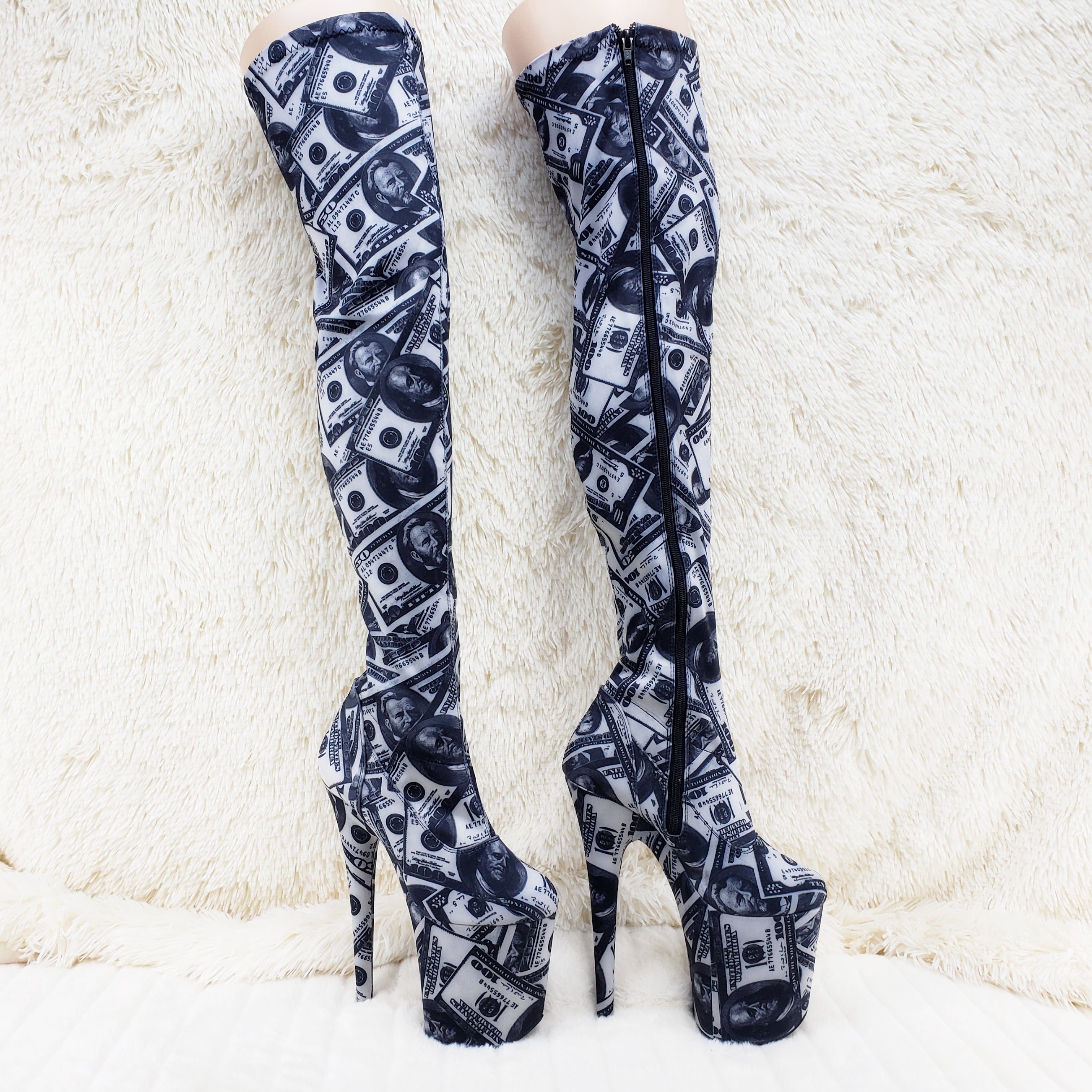 Flamingo 3000 Money Print Stretch Thigh High Platform 8" Heel Boots 7-12 NY - Totally Wicked Footwear
