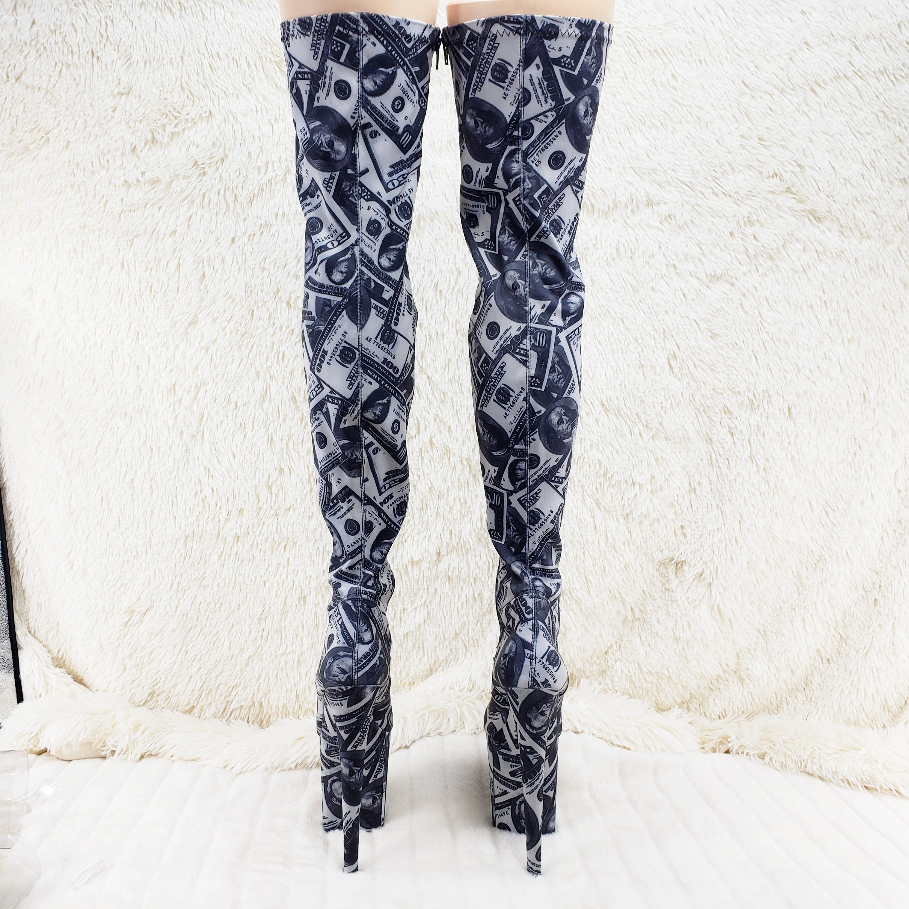 Flamingo 3000 Money Print Stretch Thigh High Platform 8" Heel Boots 7-12 NY - Totally Wicked Footwear