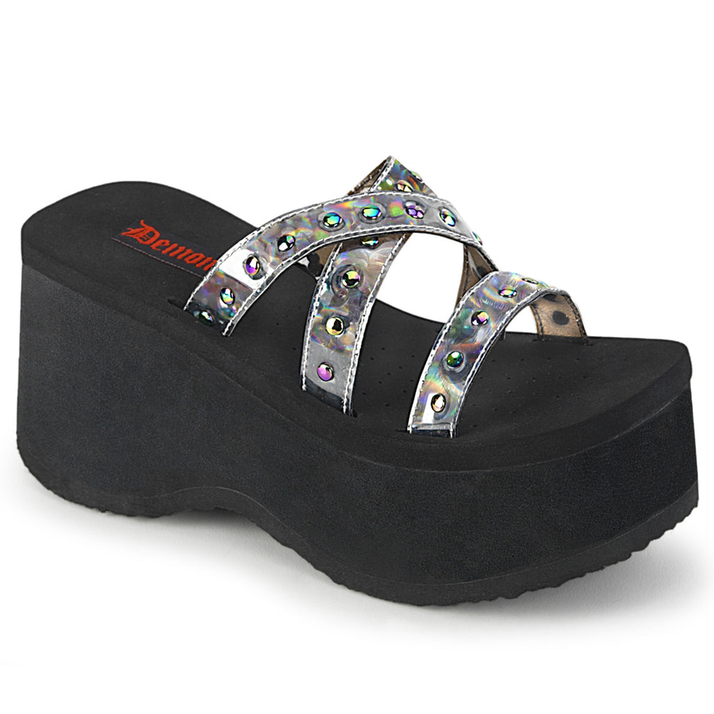 Funn 19 Silver Hologram Platform Sandals  - Demonia Direct - Totally Wicked Footwear