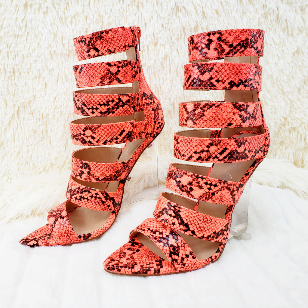 Kenya Orange Coral Snake Clear Wedge 4" High Heel Ankle Boot Shoe - Totally Wicked Footwear