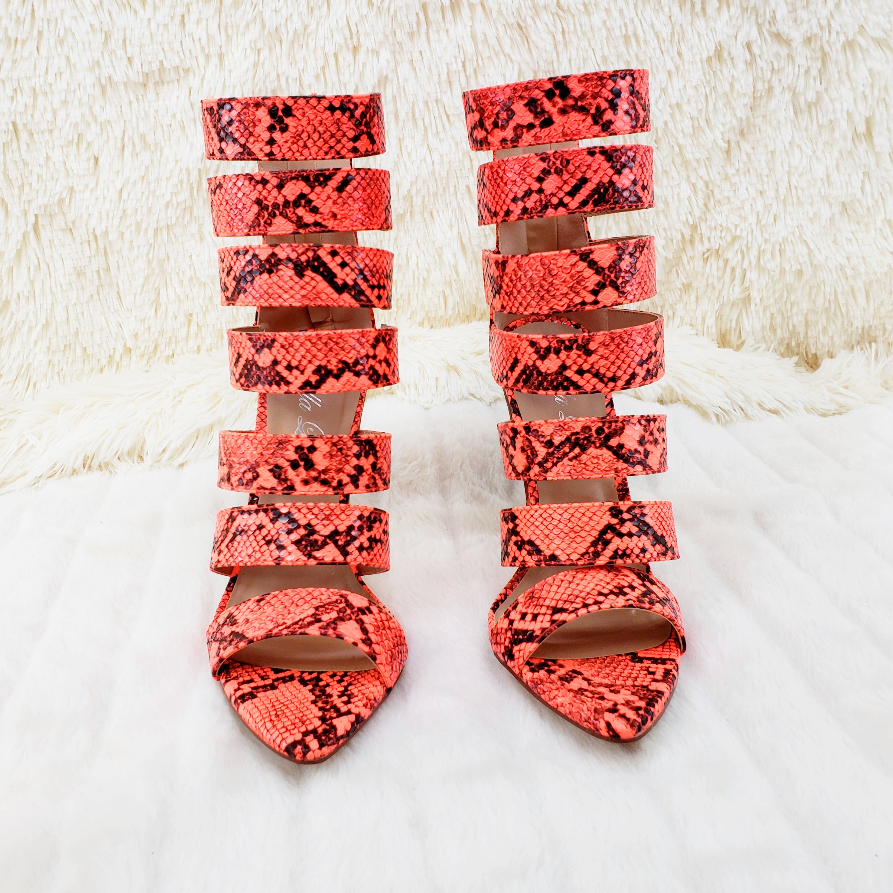 Kenya Orange Coral Snake Clear Wedge 4" High Heel Ankle Boot Shoe - Totally Wicked Footwear