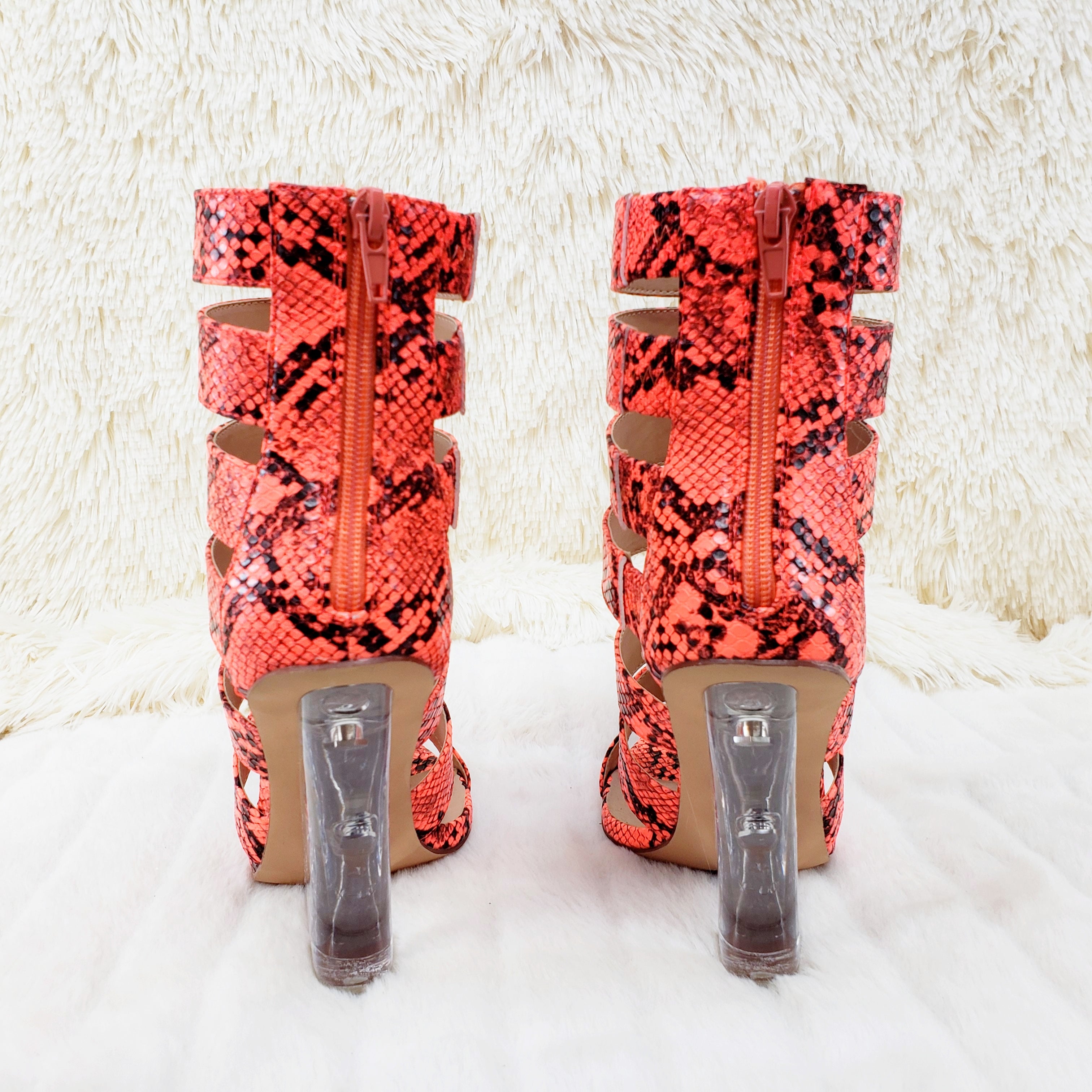 Kenya Orange Coral Snake Clear Wedge 4" High Heel Ankle Boot Shoe - Totally Wicked Footwear