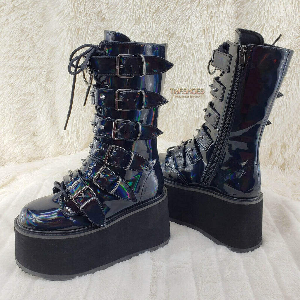 Damned 225 Multi Strap Goth Punk Rock 3.5" Flat Platform Boot Black Hologram - Totally Wicked Footwear