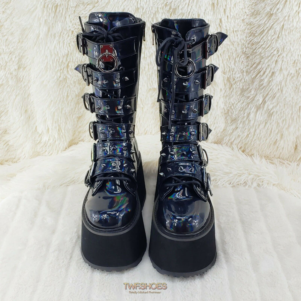 Damned 225 Multi Strap Goth Punk Rock 3.5" Flat Platform Boot Black Hologram - Totally Wicked Footwear