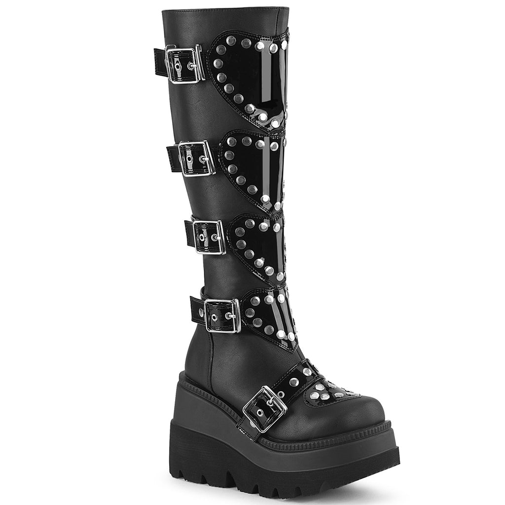 Shaker 210 Black Multiple Strap Heart Shield Platform Gothic Knee Boots  - Demonia Direct - Totally Wicked Footwear
