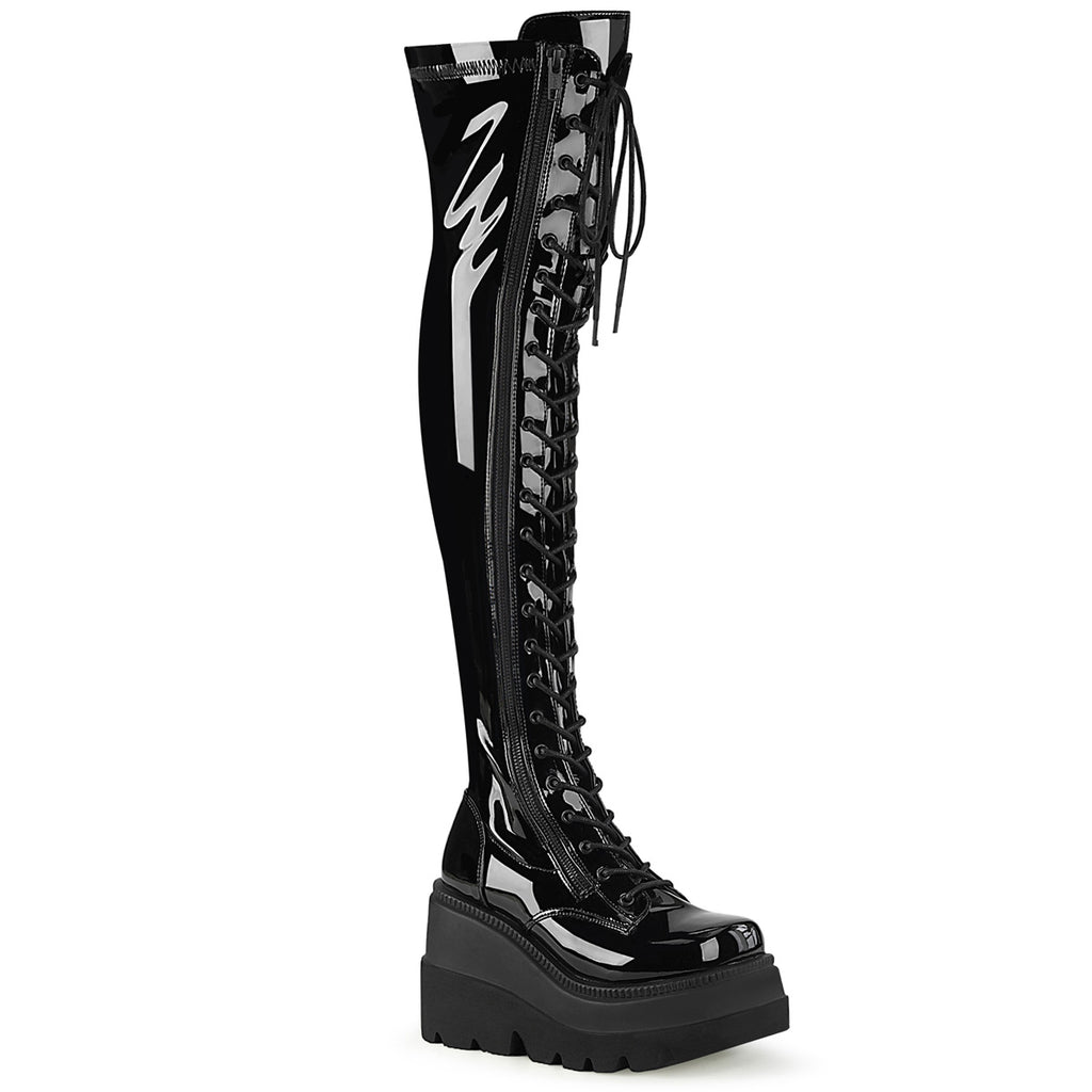Shaker 374 Goth Black Patent OTK Thigh Boot 4.5" Wedge  6-12  - Demonia Direct - Totally Wicked Footwear