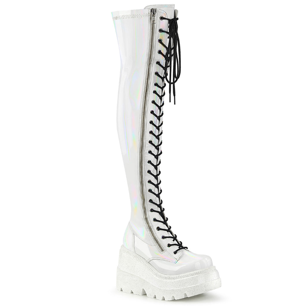 Shaker 374 Goth White Patent OTK Thigh Boot 4.5" Wedge  6-12  - Demonia Direct - Totally Wicked Footwear