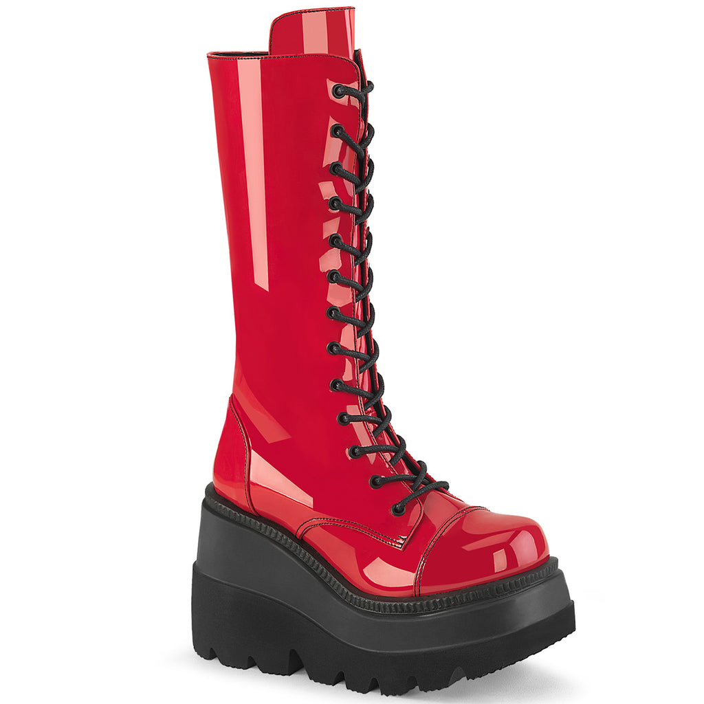 Shaker 72 Lace Up Cyber Goth Platform Red Patent Knee Boots  - Demonia Direct - Totally Wicked Footwear