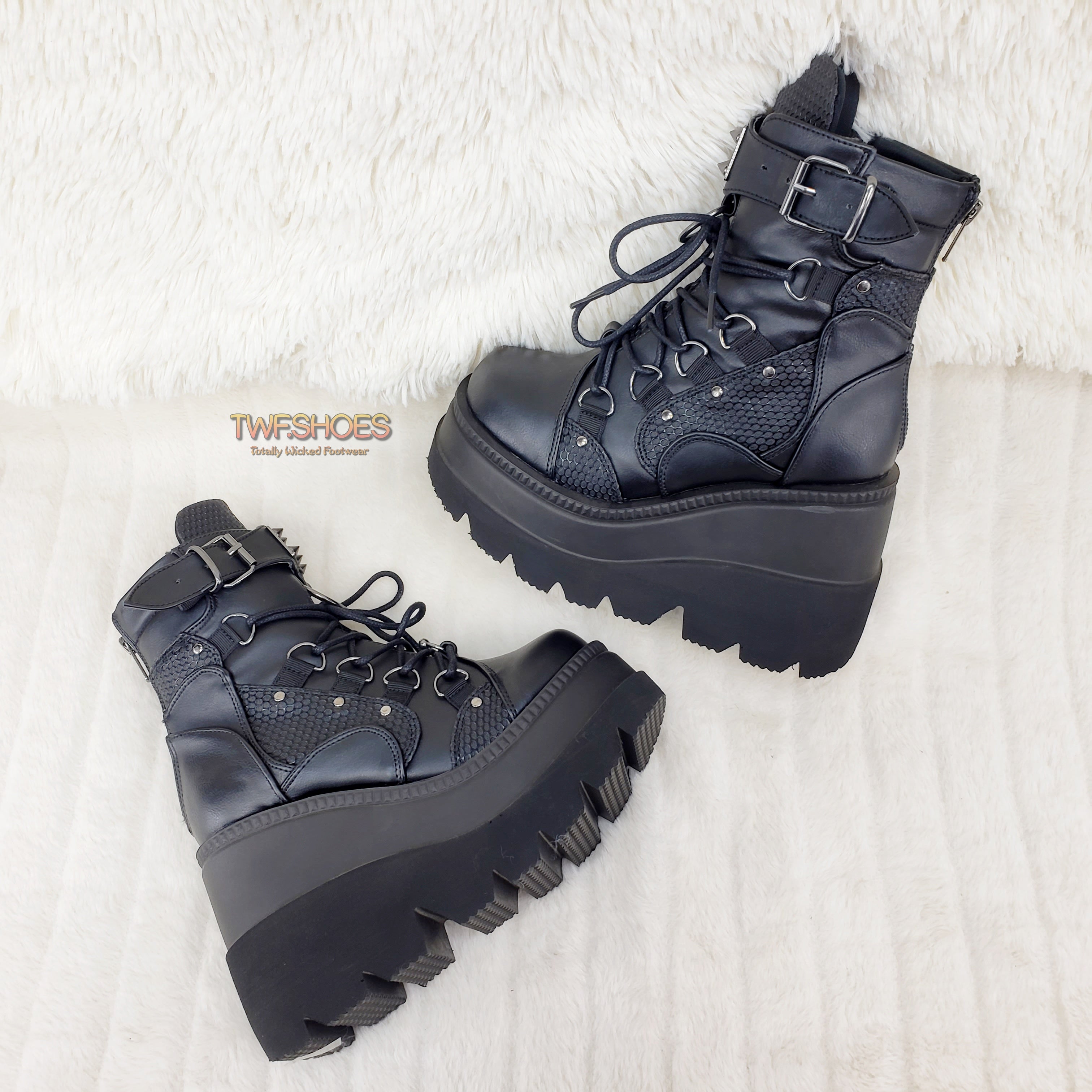 Demonia Shaker 60 Black Matte Platform 4.5" Wedge Heel Ankle Boots NY - Totally Wicked Footwear