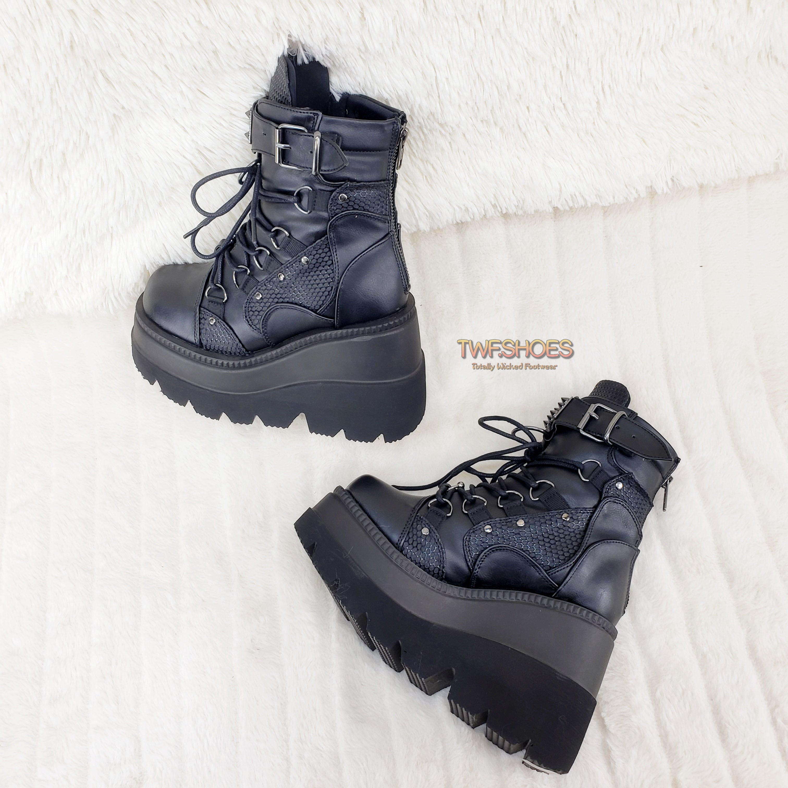 Demonia Shaker 60 Black Matte Platform 4.5" Wedge Heel Ankle Boots NY - Totally Wicked Footwear