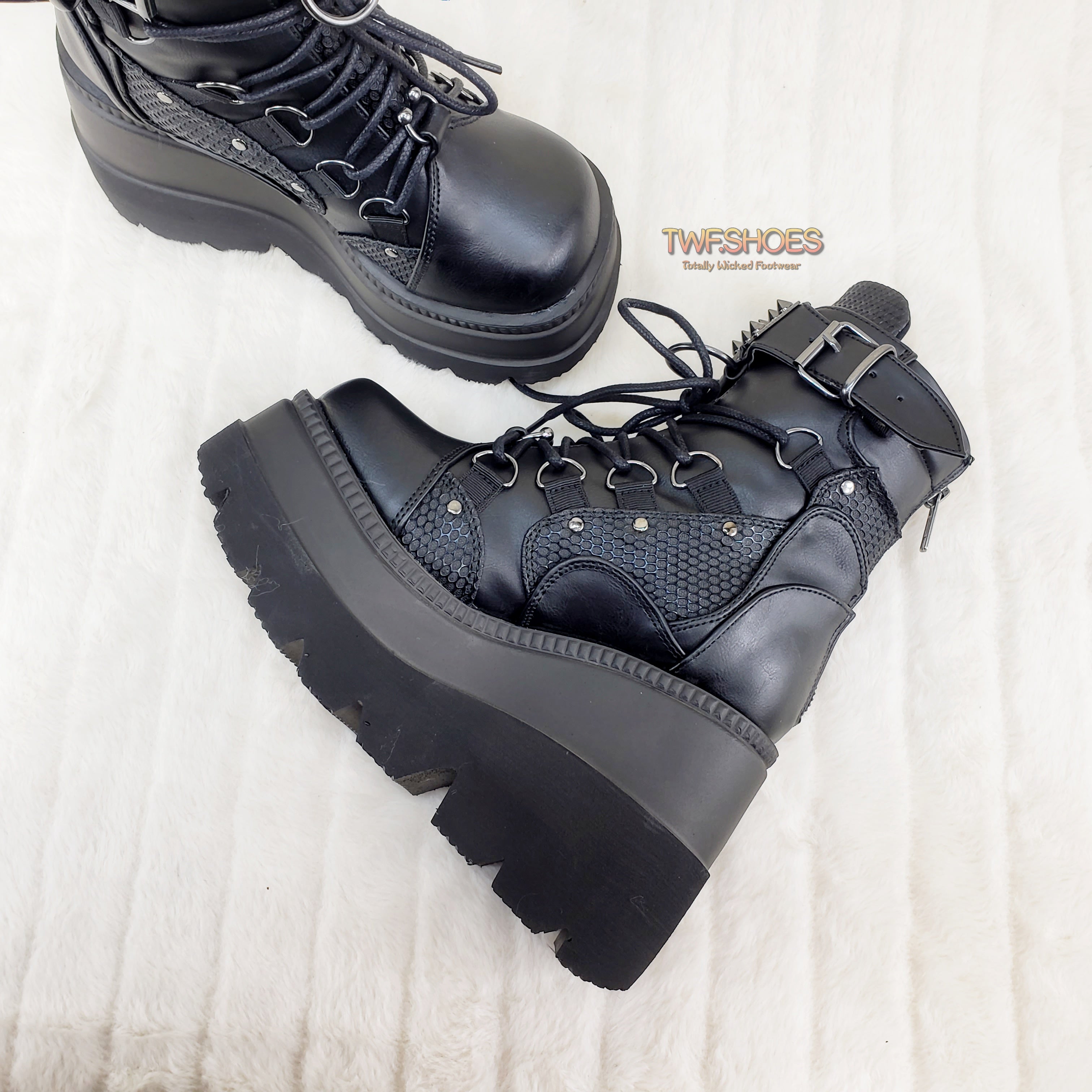 Demonia Shaker 60 Black Matte Platform 4.5" Wedge Heel Ankle Boots NY - Totally Wicked Footwear