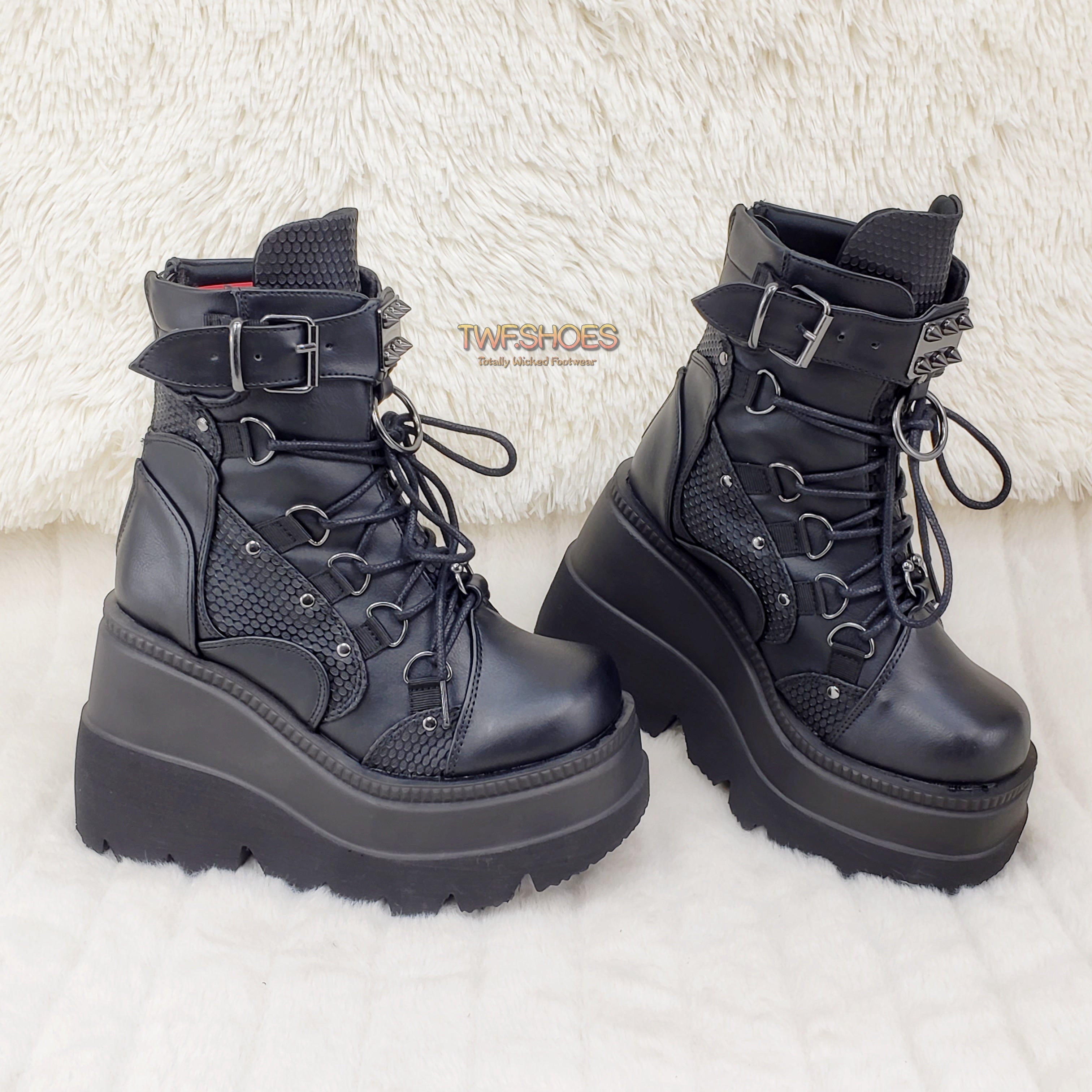 Demonia Shaker 60 Black Matte Platform 4.5" Wedge Heel Ankle Boots NY - Totally Wicked Footwear