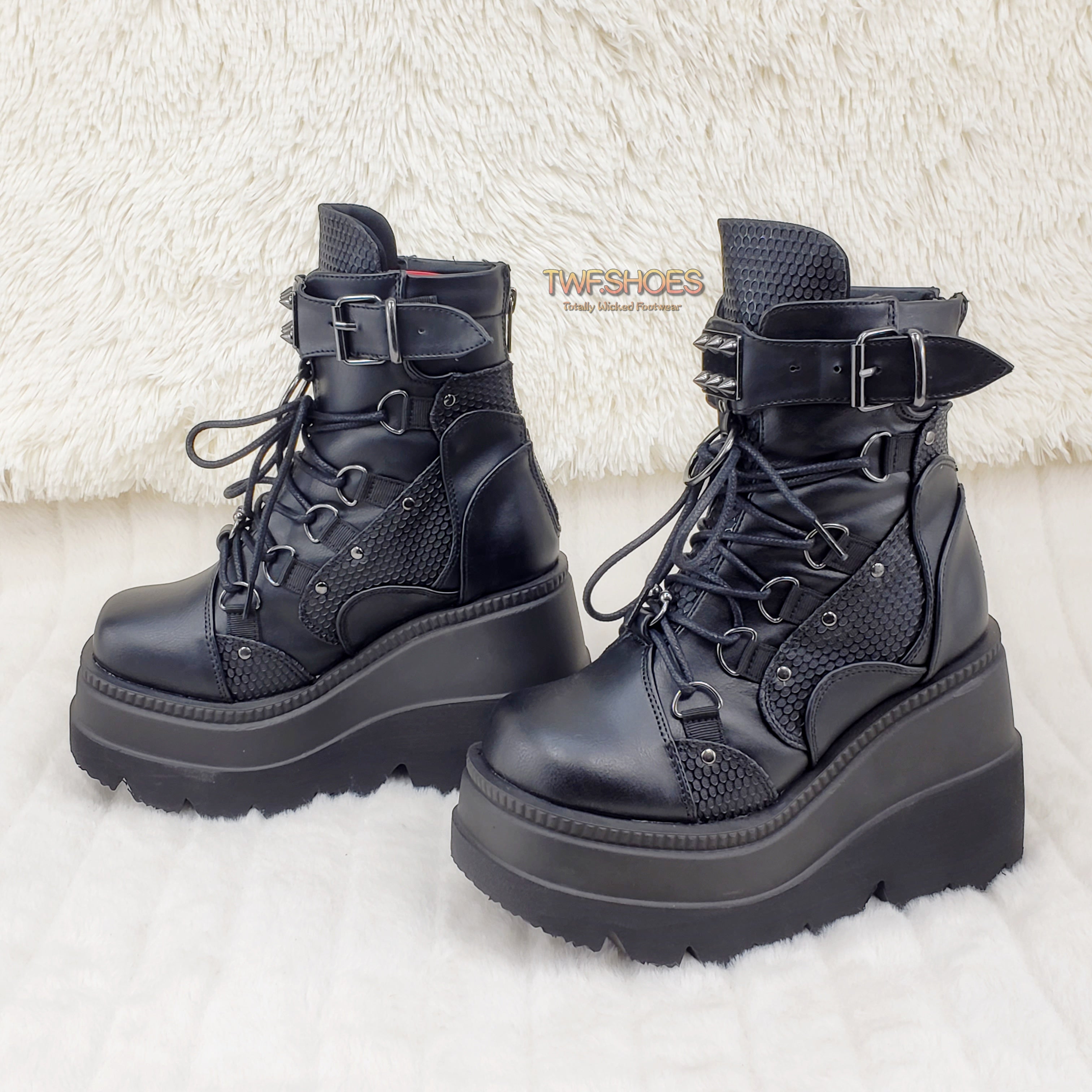 Demonia Shaker 60 Black Matte Platform 4.5" Wedge Heel Ankle Boots NY - Totally Wicked Footwear