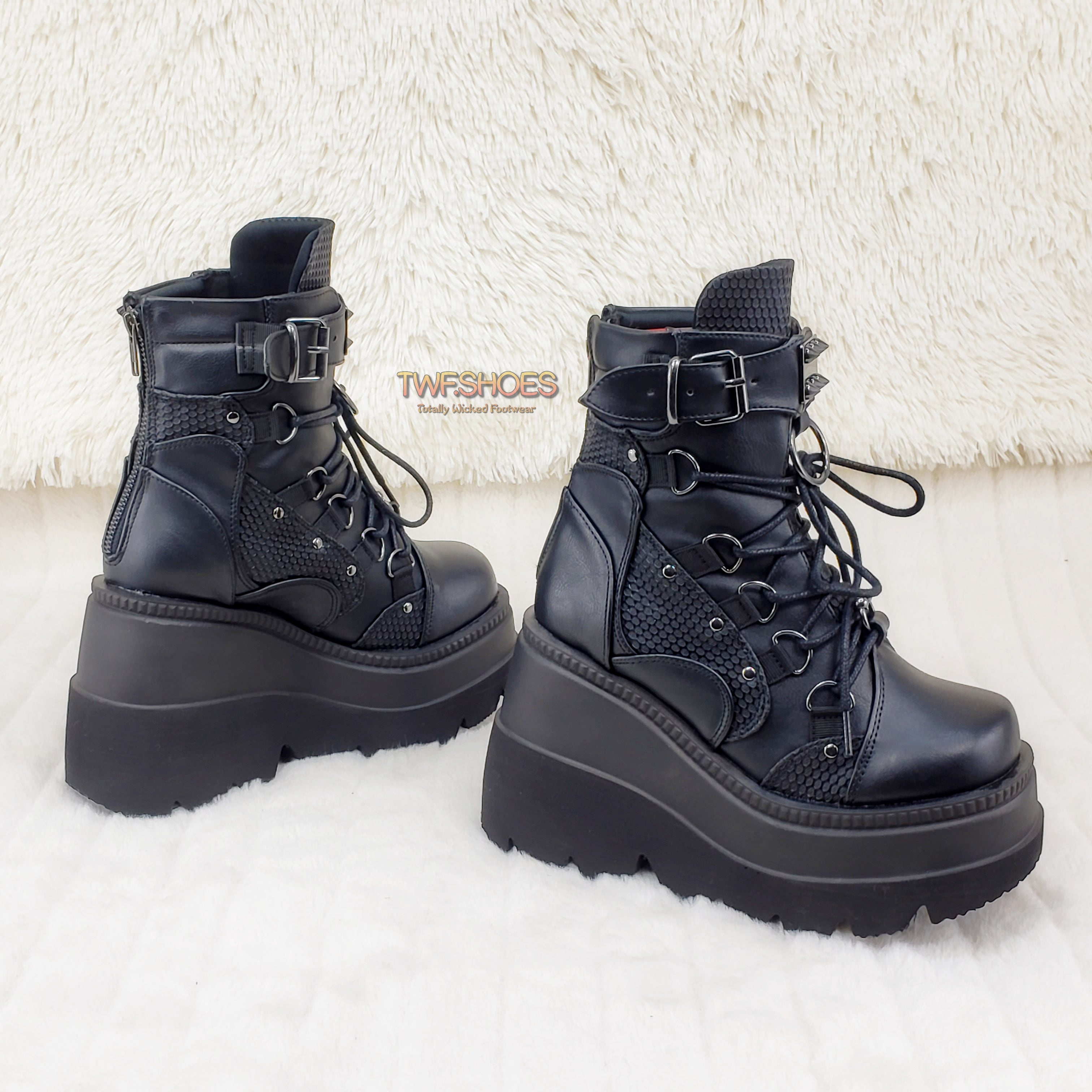Demonia Shaker 60 Black Matte Platform 4.5" Wedge Heel Ankle Boots NY - Totally Wicked Footwear