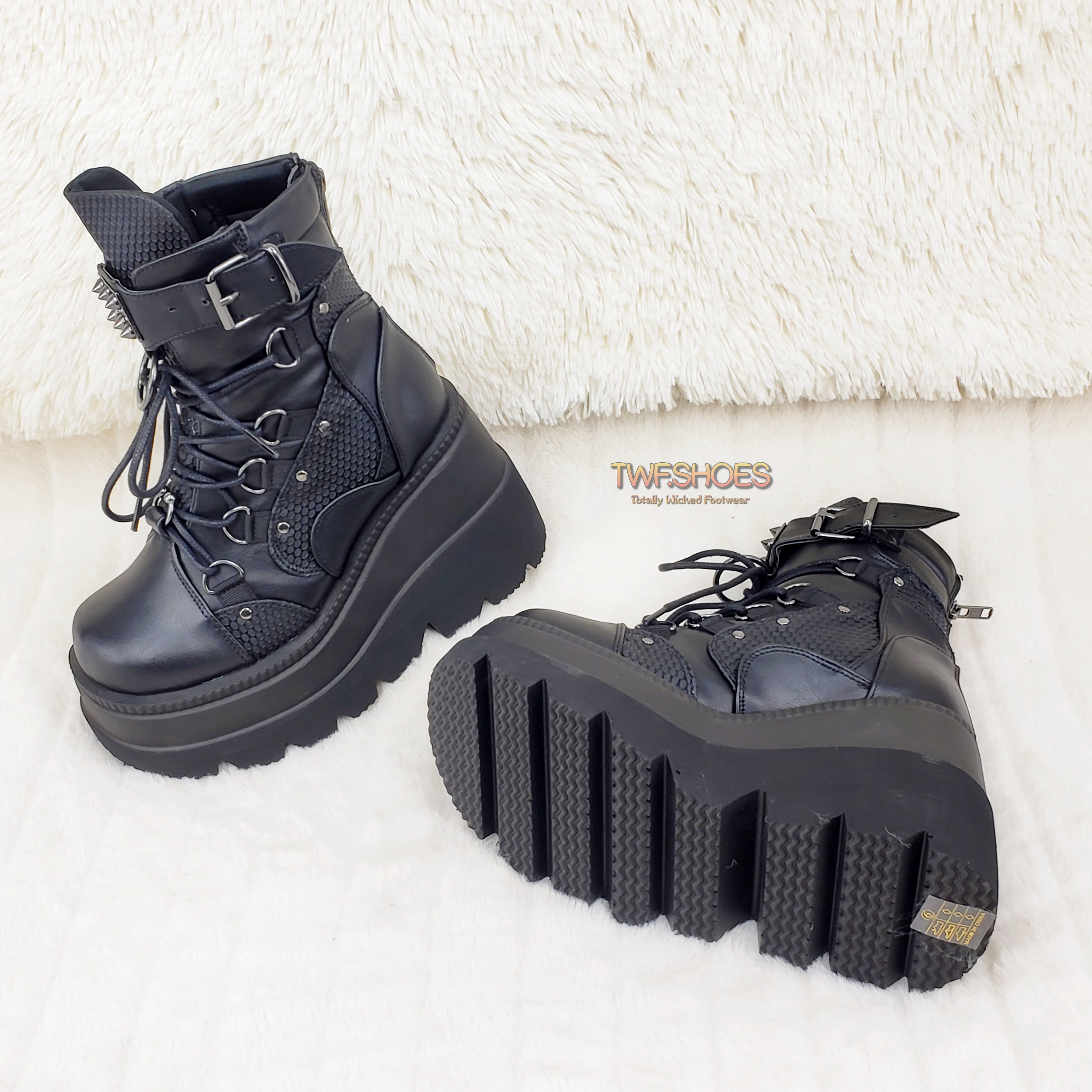 Demonia Shaker 60 Black Matte Platform 4.5" Wedge Heel Ankle Boots NY - Totally Wicked Footwear