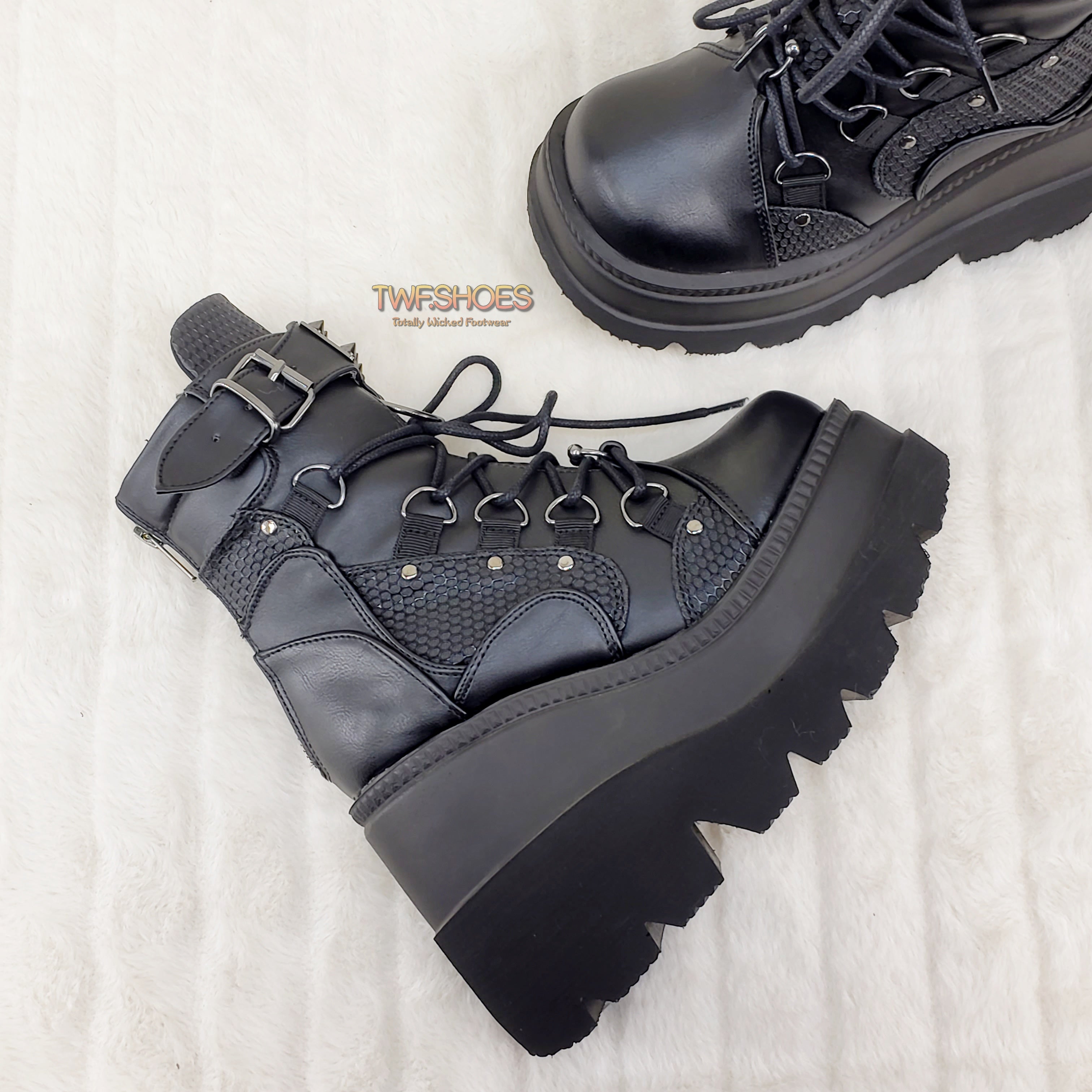 Demonia Shaker 60 Black Matte Platform 4.5" Wedge Heel Ankle Boots NY - Totally Wicked Footwear